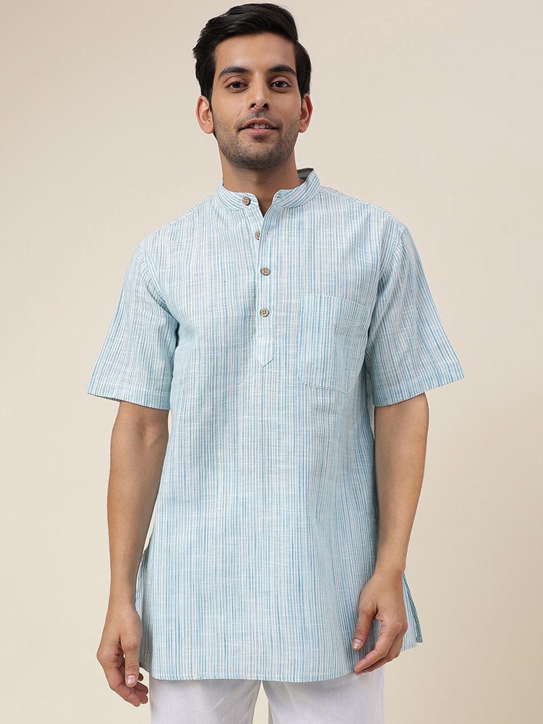 

Fabindia Striped Band Collar Kurta, Turquoise blue