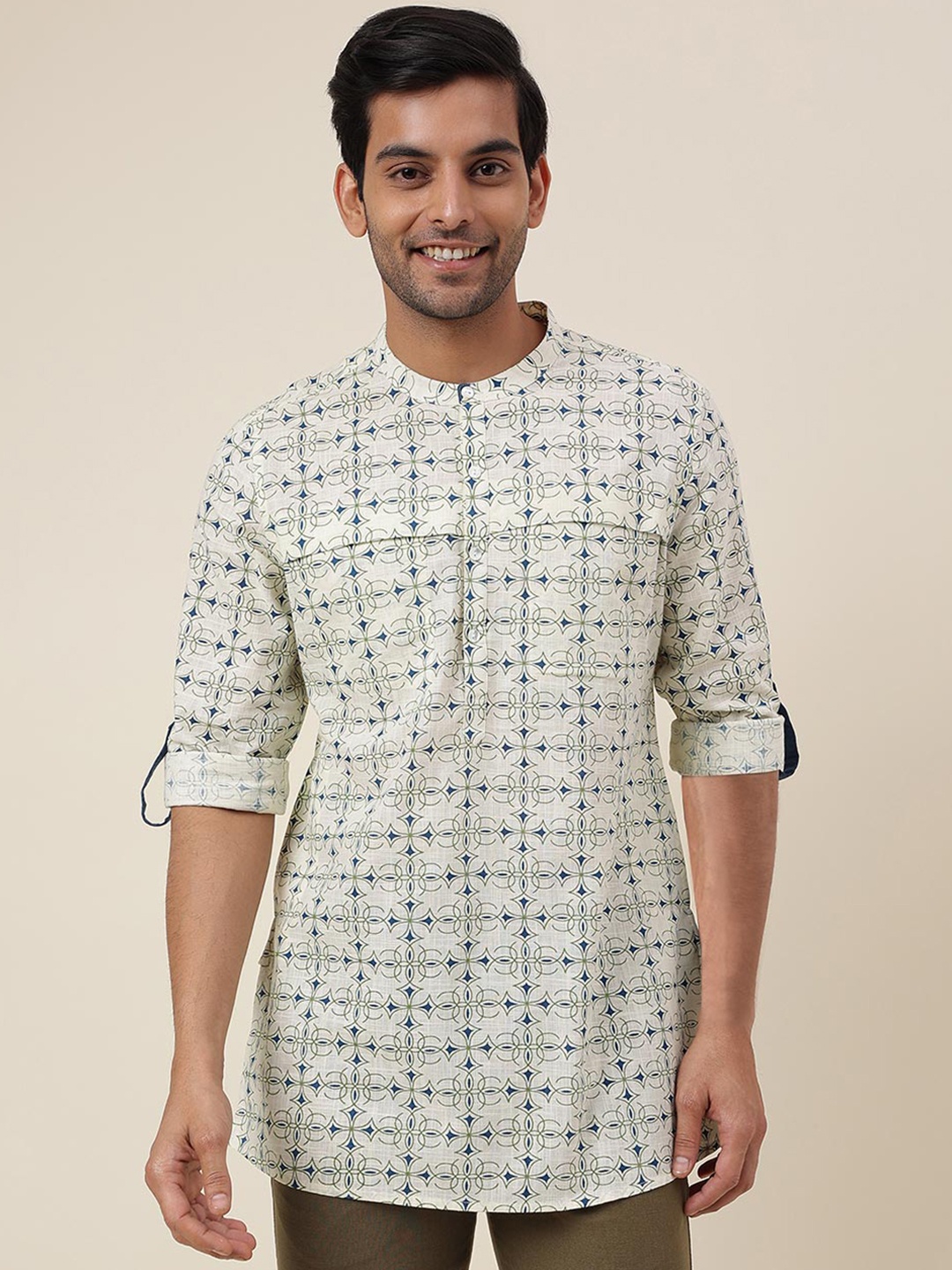 

Fabindia FabBasic Geometric Band Collar Long Sleeve Kurta, Off white