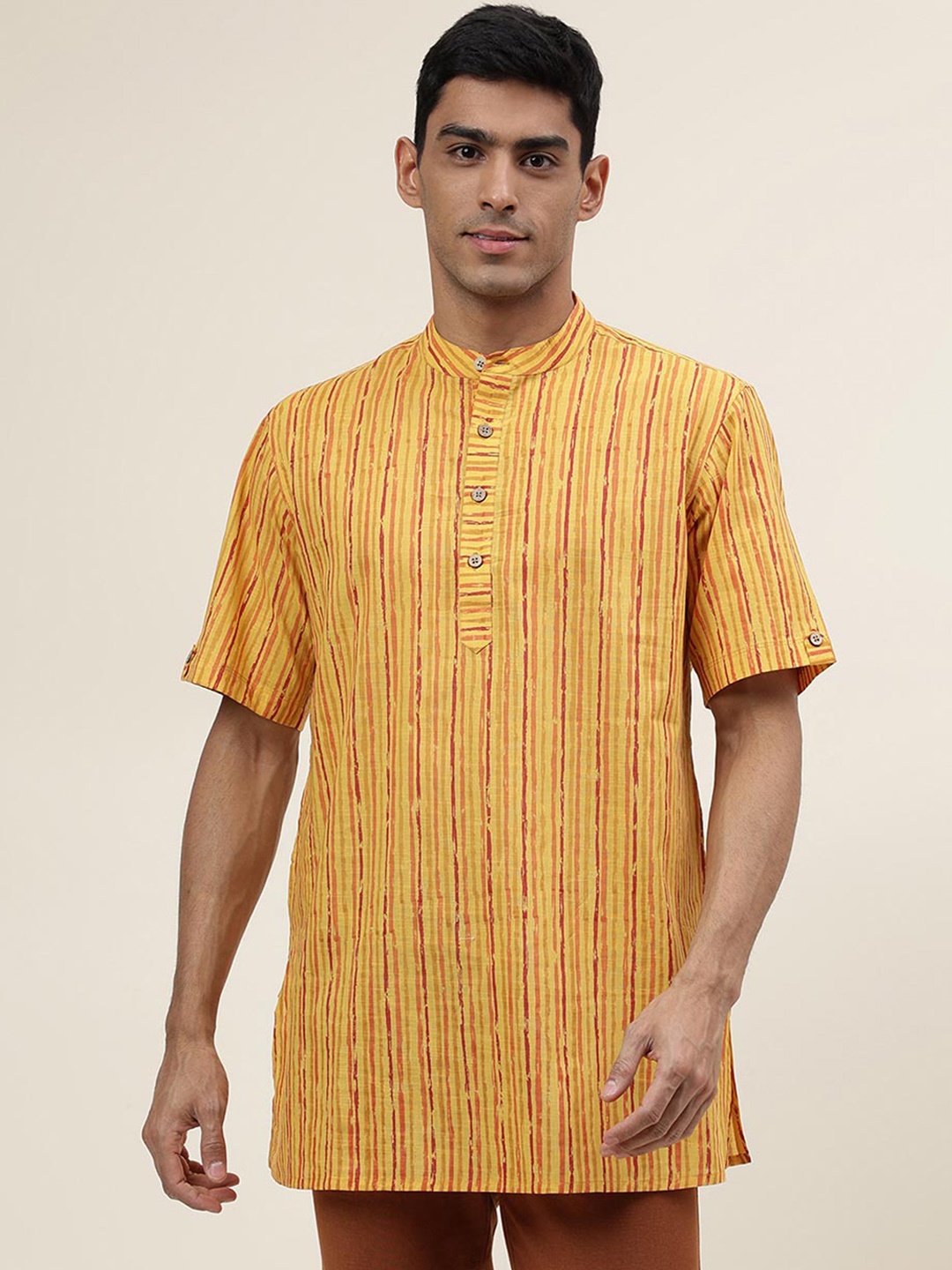 

Fabindia Striped Band Collar Cotton Kurta, Yellow