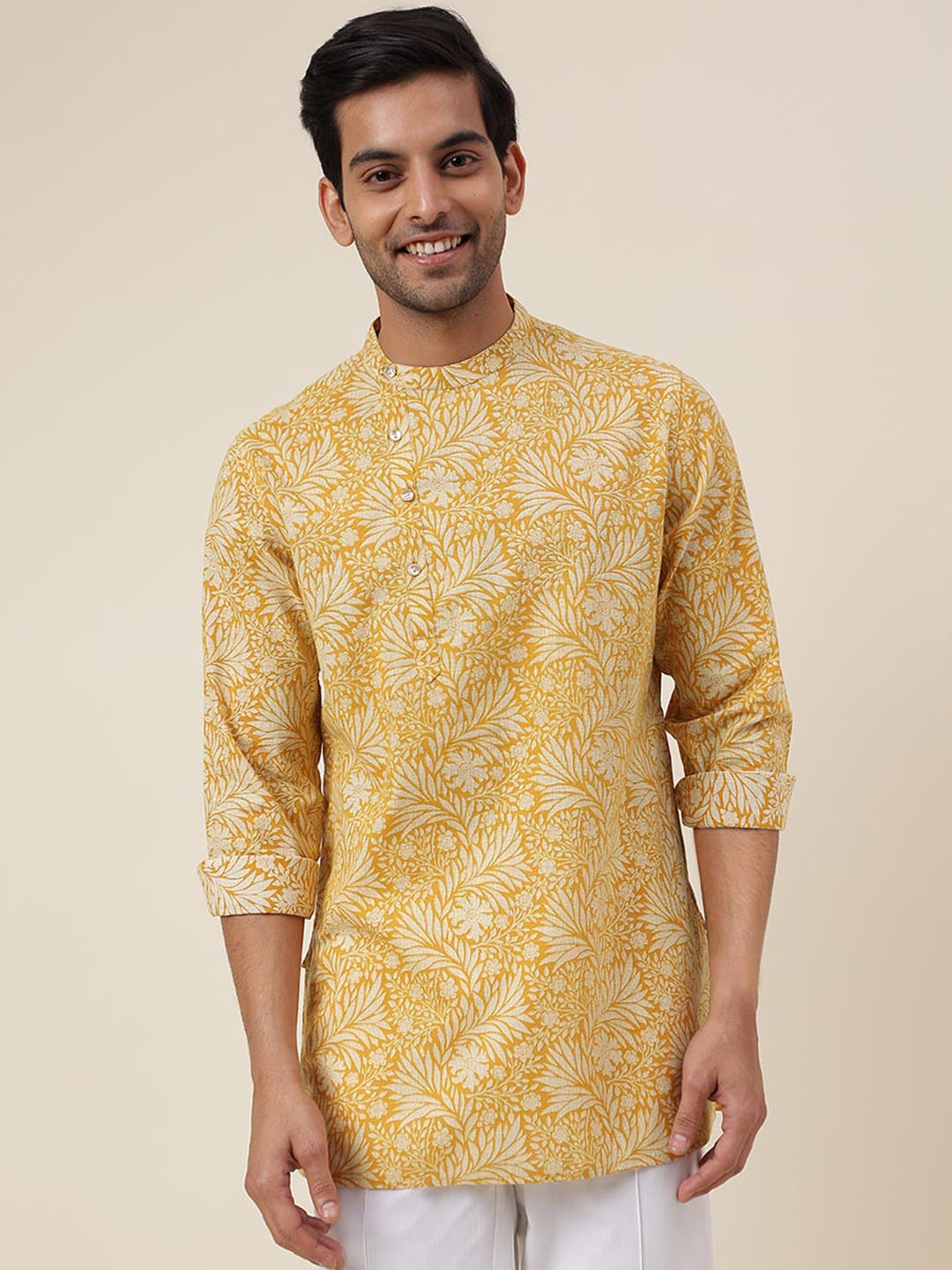 

Fabindia FabBasic Floral Printed Band Collar Long Sleeve Kurta, Yellow