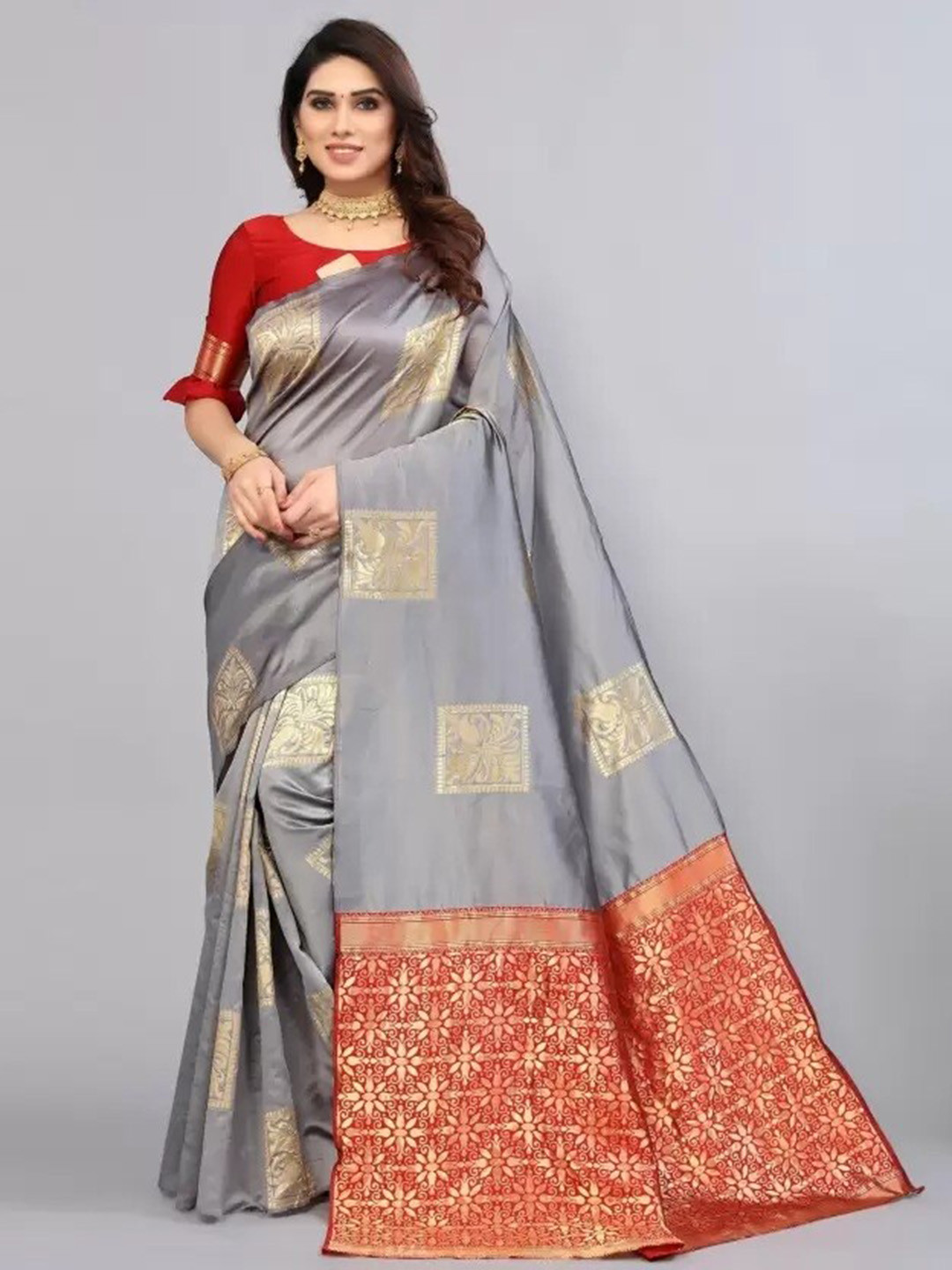 

MAGMINA Ethnic Motifs Woven Design Zari Banarasi Saree, Grey
