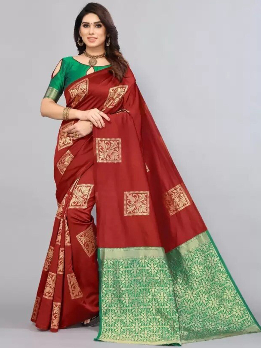 

MAGMINA Ethnic Motifs Woven Design Zari Banarasi Saree, Red