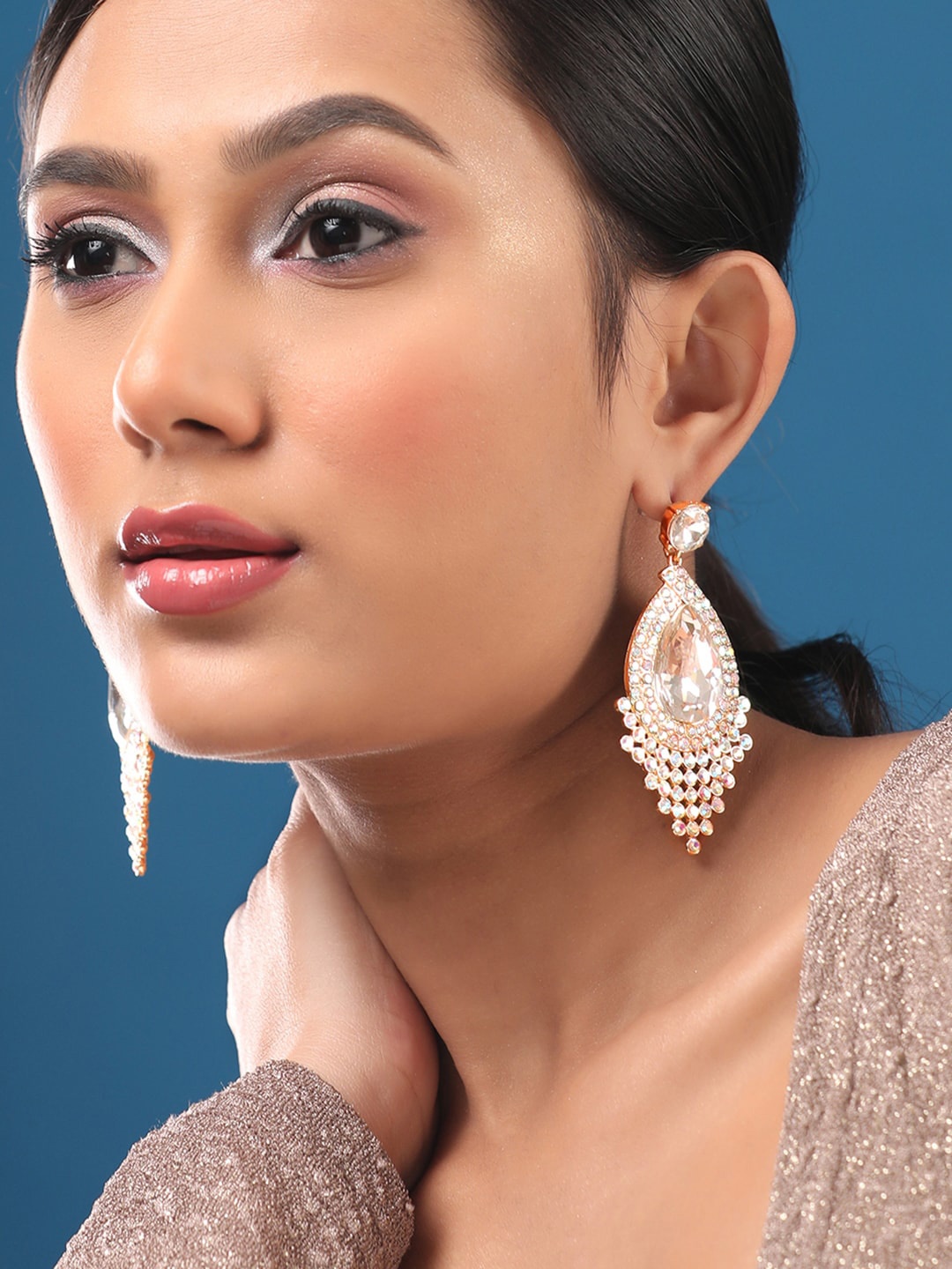 

Rubans Voguish Zirconia Studded Teardrop Shaped Drop Earrings, Gold