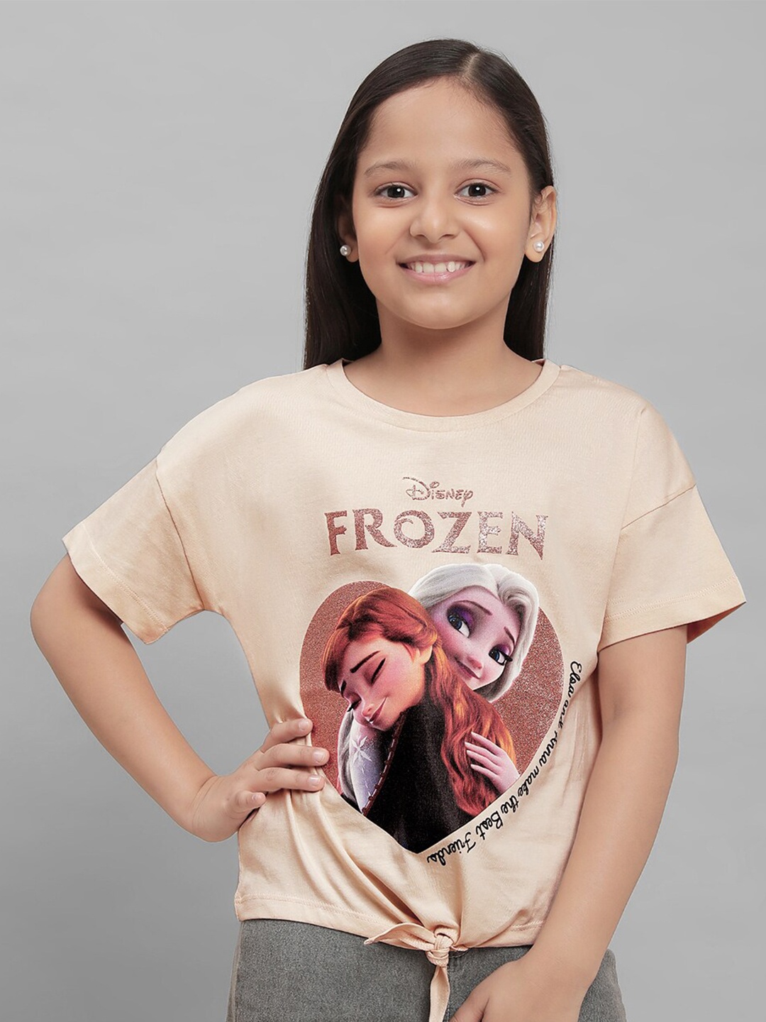 

Kids Ville Girls Frozen Graphic Printed Pure Cotton Tshirt, Brown