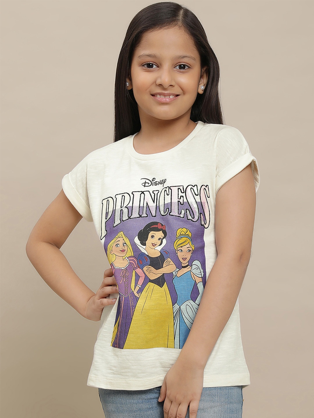 

Kids Ville Girls Disney Princess Printed Pure Cotton T-Shirt, Off white