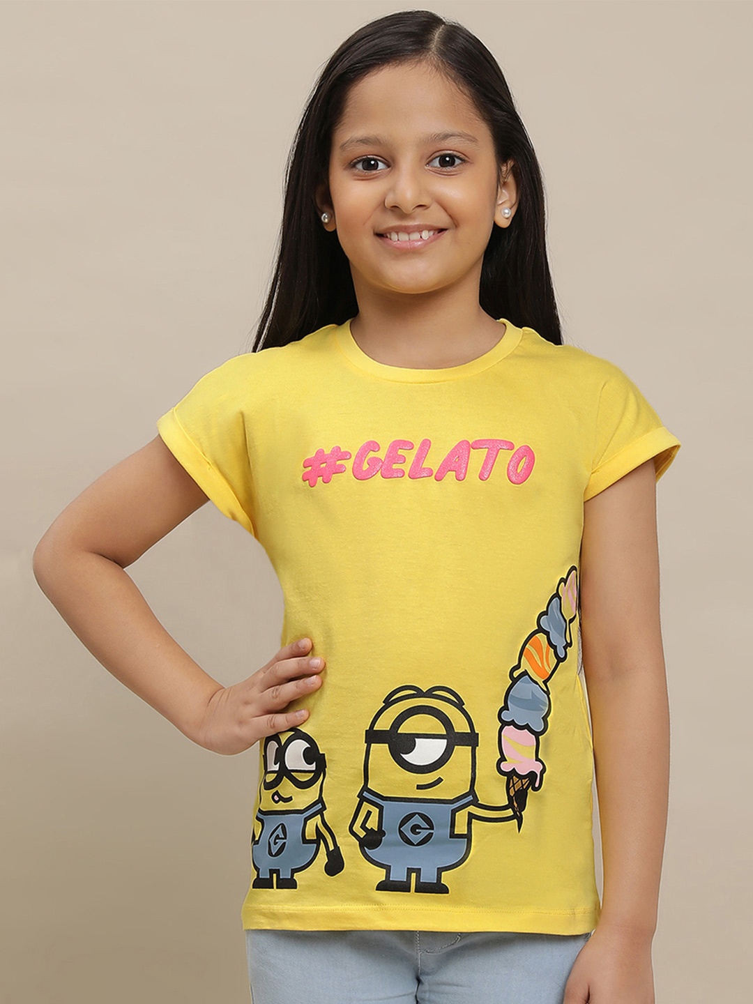 

Kids Ville Girls Minions Printed Pure Cotton Tshirt, Yellow