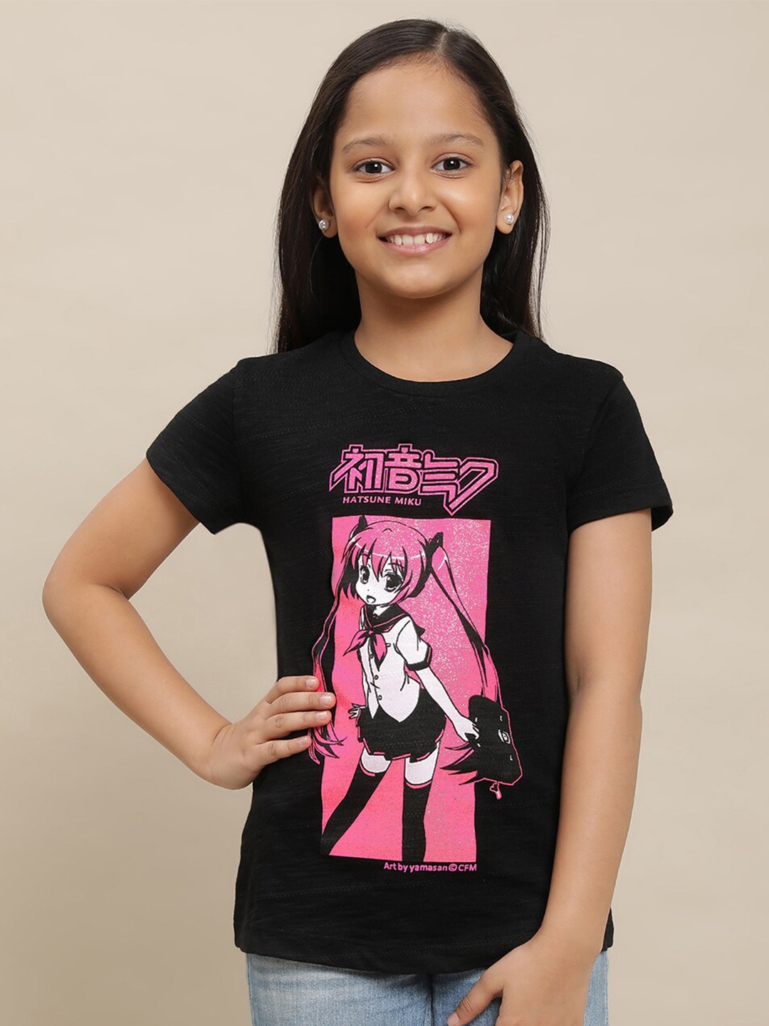 

Kids Ville Girls Hatsune Miku Printed Pure Cotton T-shirt, Black