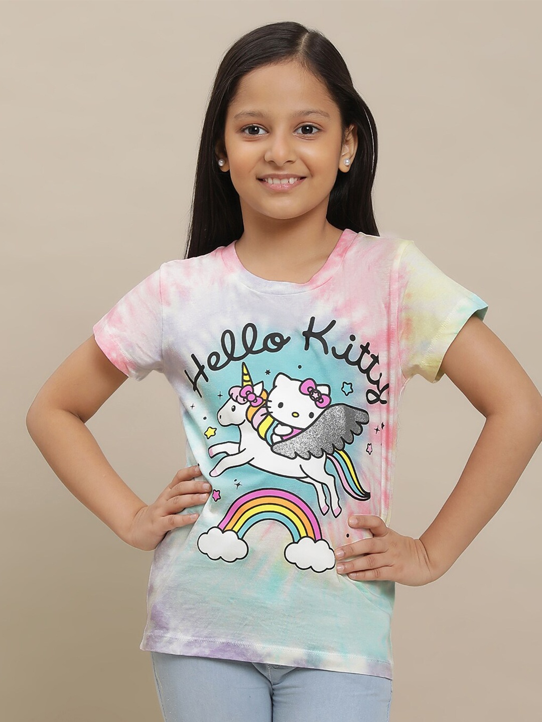 

Kids Ville Girls Hello Kitty Printed Tie & Dye Pure Cotton T-shirt, Pink