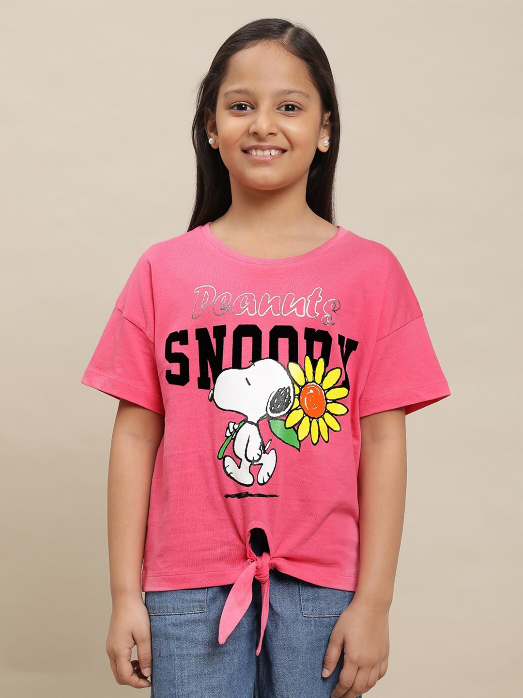 

Kids Ville Girls Peanuts Printed Pure Cotton T-shirt, Pink