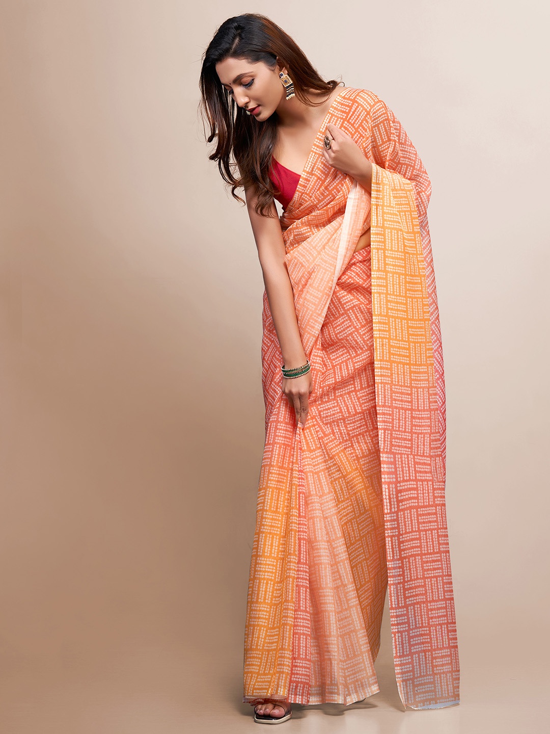 

Mitera Orange & Red Geometric Printed Organza Saree