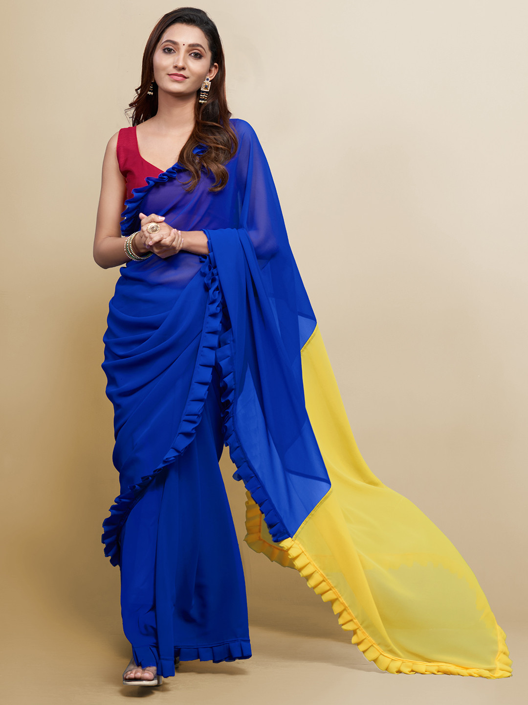 

Mitera Blue & Yellow Pure Georgette Saree