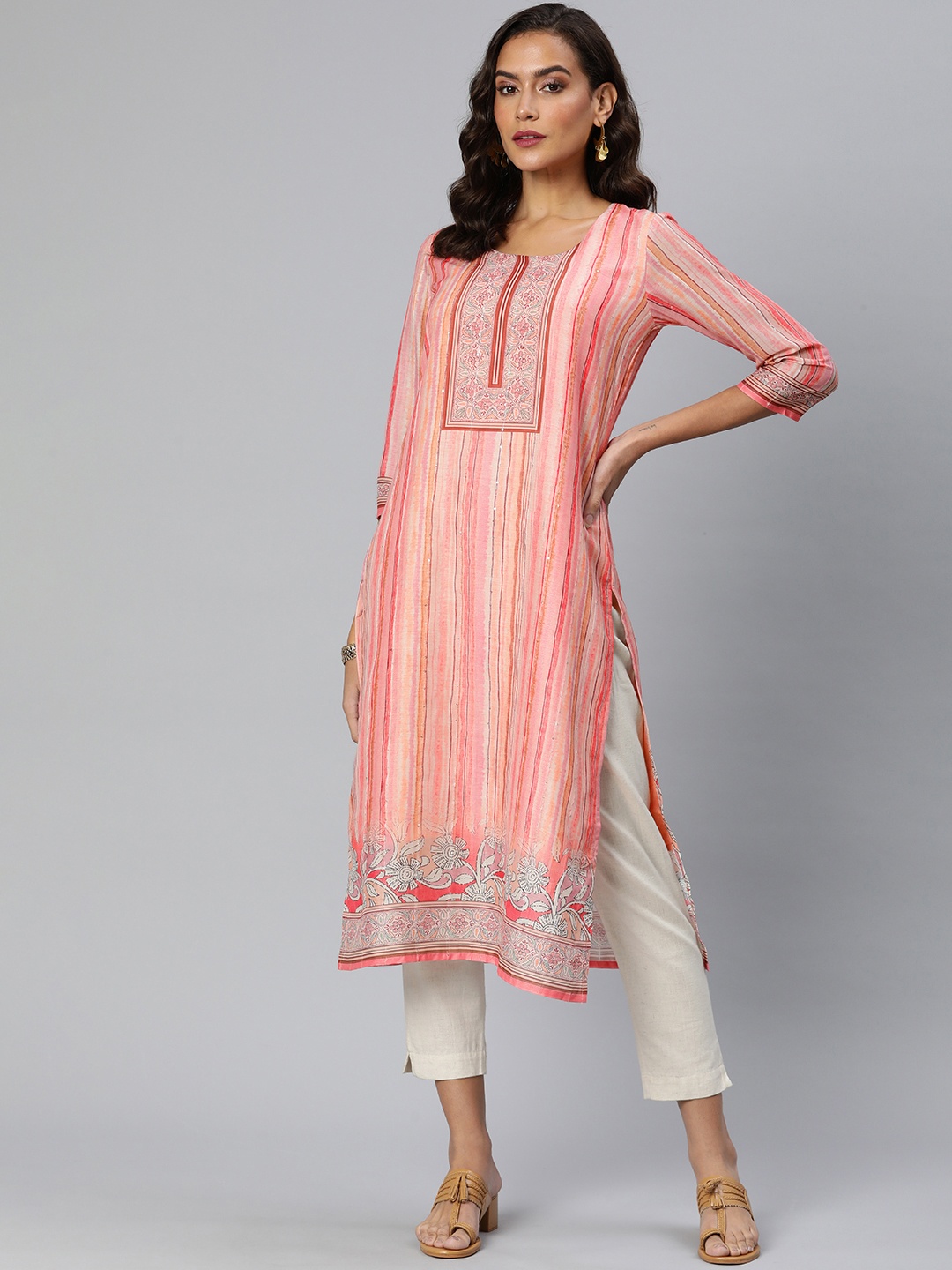 

ETIQUETTE Women Ethnic Motifs Printed Sequinned Kurta, Peach