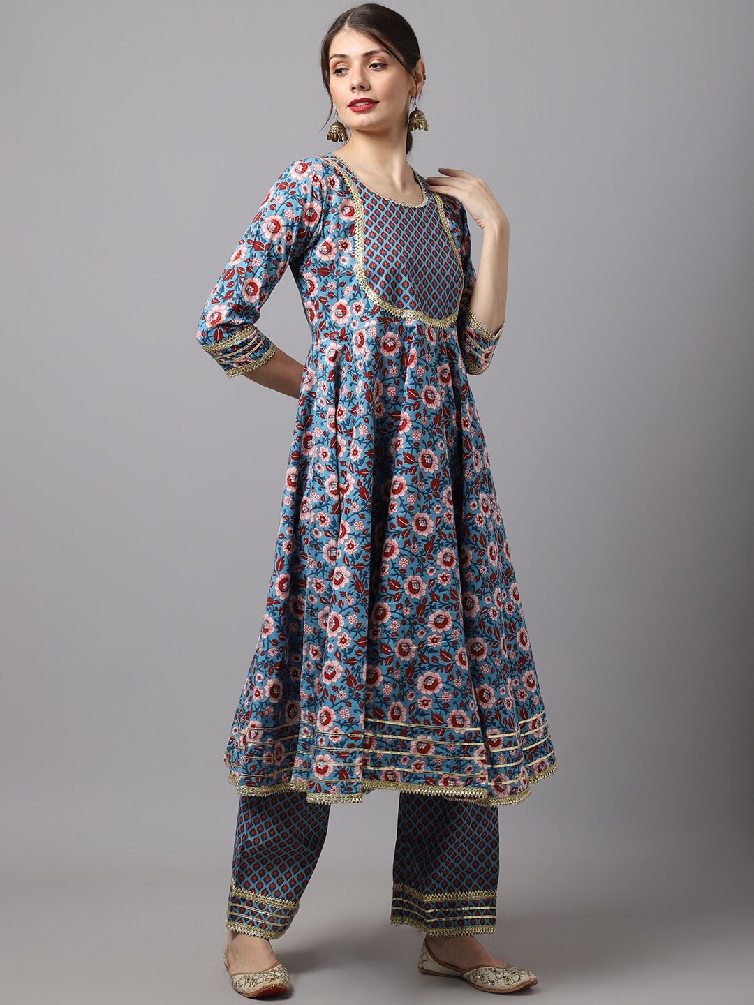 

Rudra Bazaar Round Neck Floral Printed Gotta Patti Pure Cotton A-Line Kurta with Trousers, Blue
