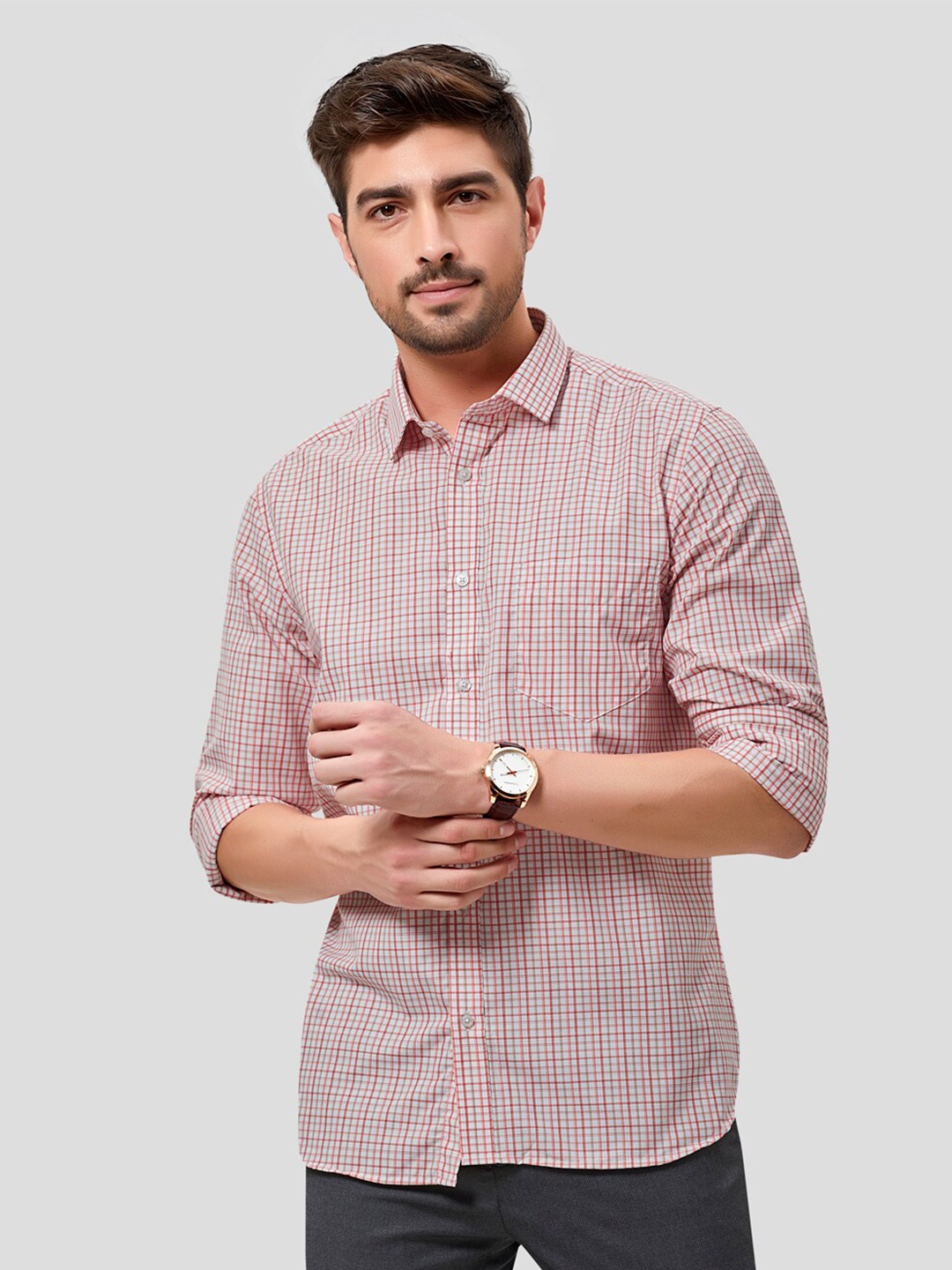 

INSPIRO Checks Checked Spread Collar Cotton Classic Casual Shirt, Pink