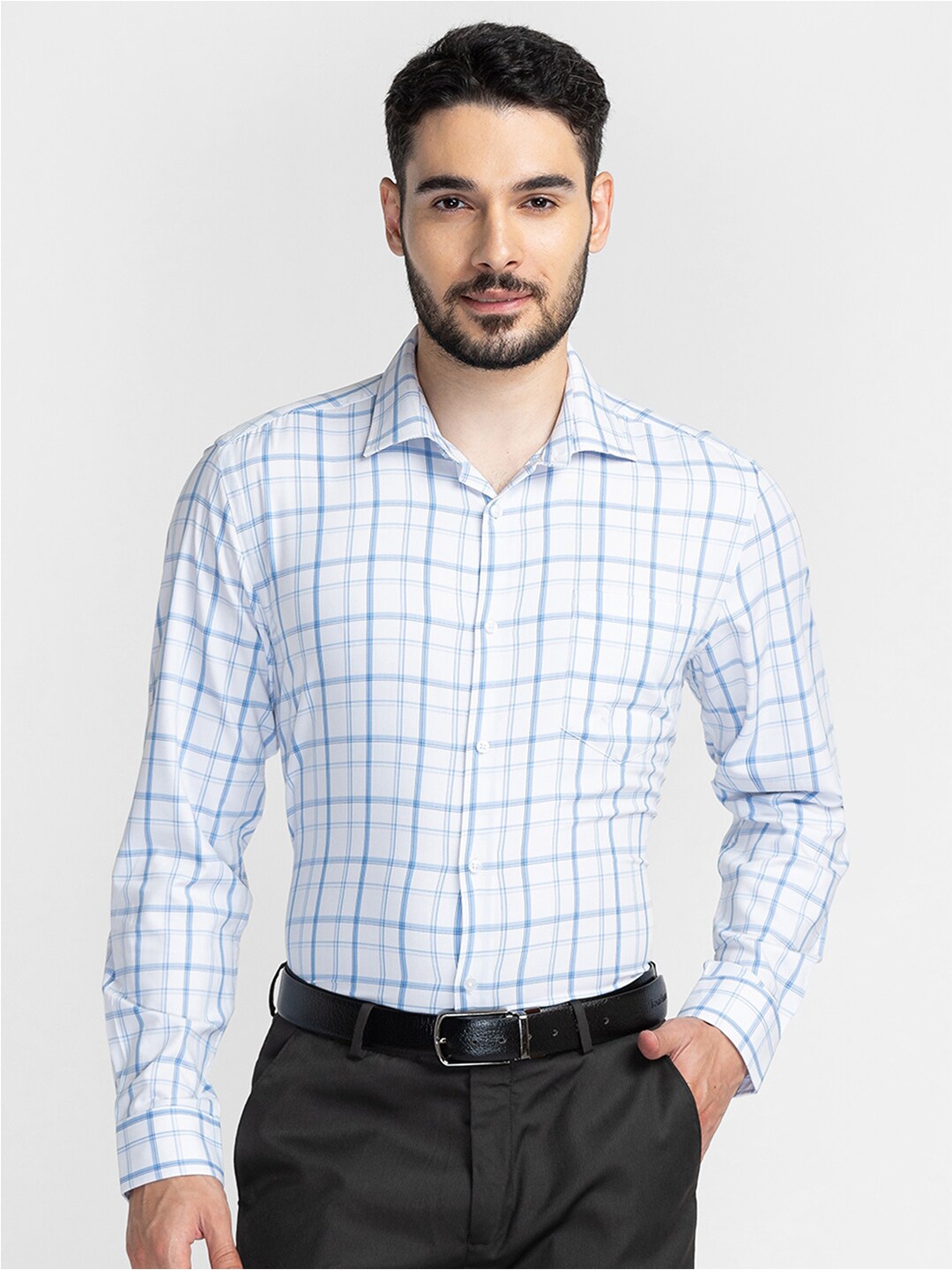 

INSPIRO Classic Slim Fit Checked Spread Collar Formal Shirt, Blue