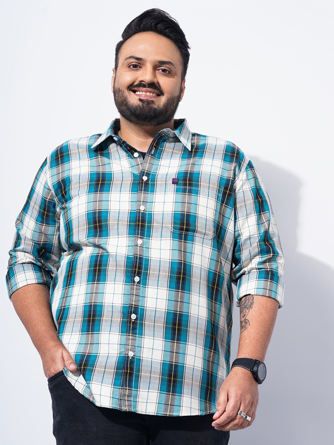 

Hardsoda by The Indian Garage Co Tartan Checked Spread Collar Casual Shirt, Green