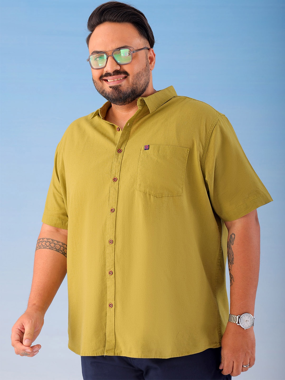 

Hardsoda by The Indian Garage Co Plus Size Cutaway Collar Cotton Casual Shirt, Olive
