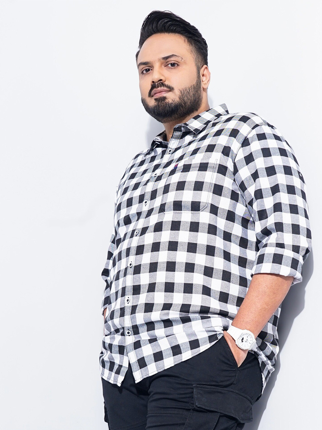 

HARDSODA Gingham Checked Cotton Casual Shirt, Black