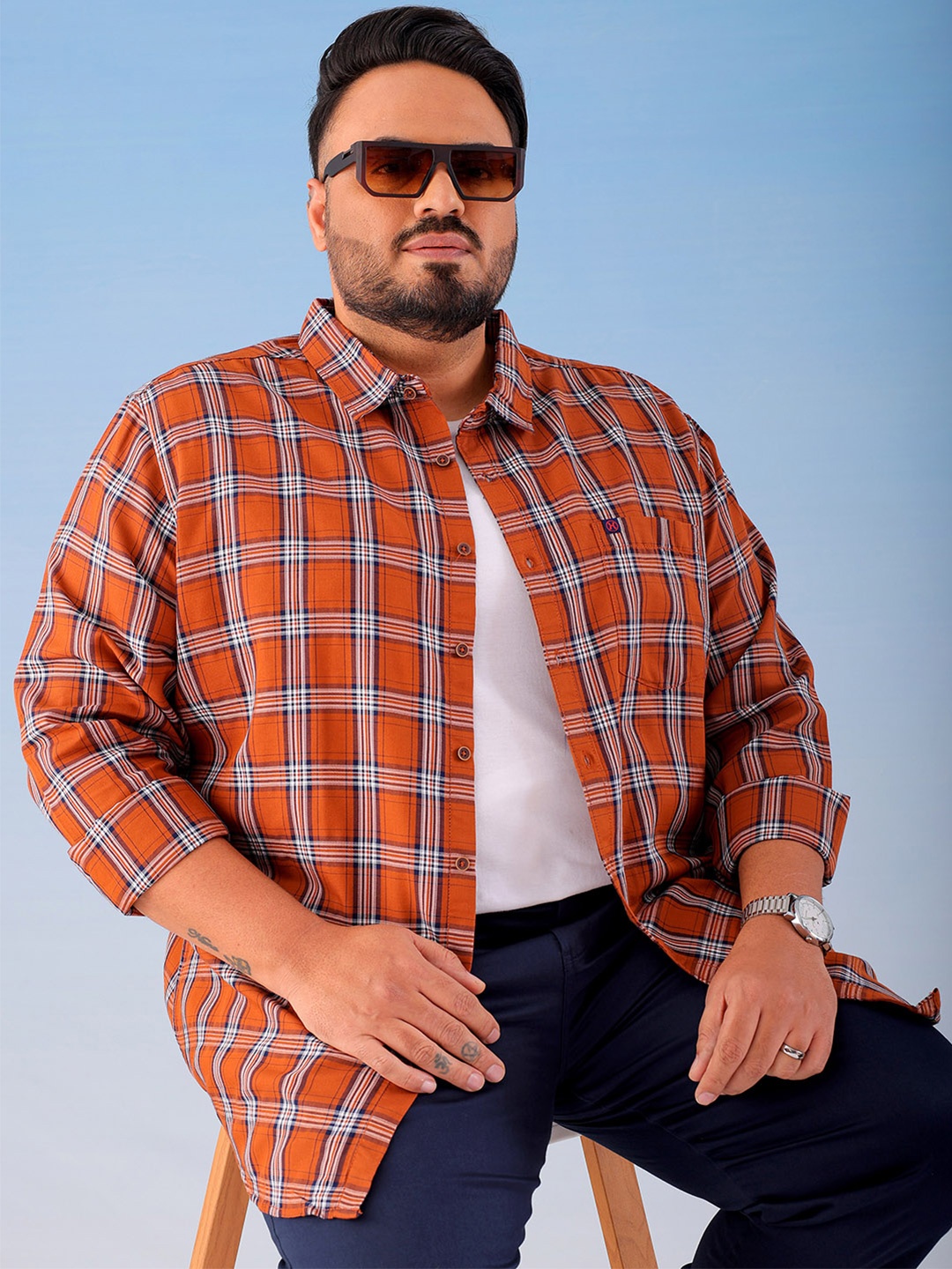 

Hardsoda by The Indian Garage Co Plus Size Tartan Checked Twill Weave Casual Shirt, Rust