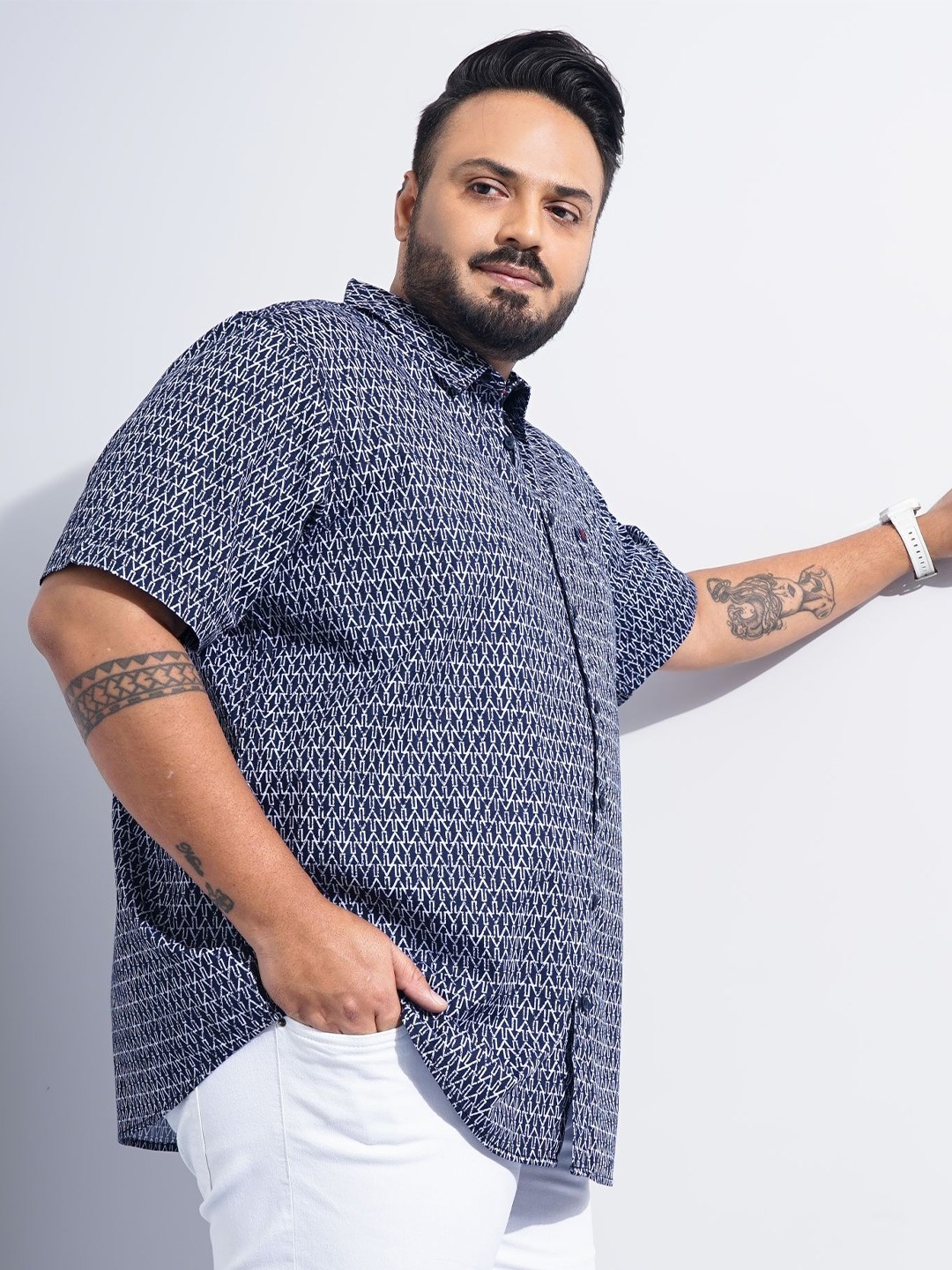 

HARDSODA Geometric Printed Casual Shirt, Navy blue