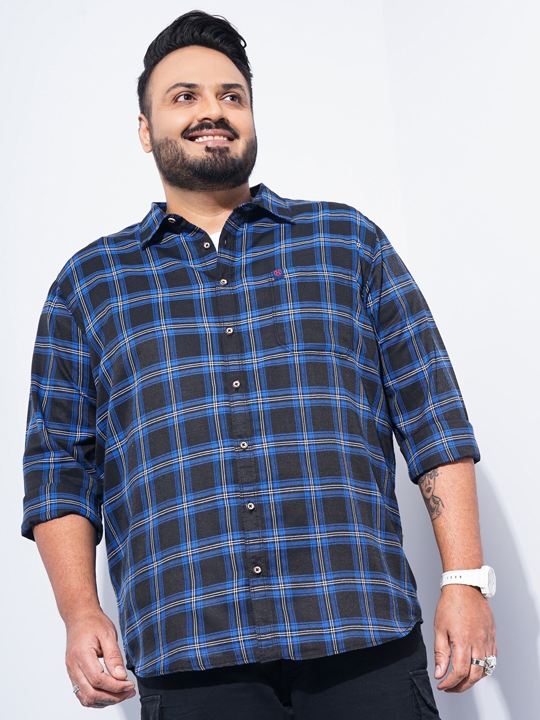 

HARDSODA Men Plus Size Checked Twill Casual Shirt, Black