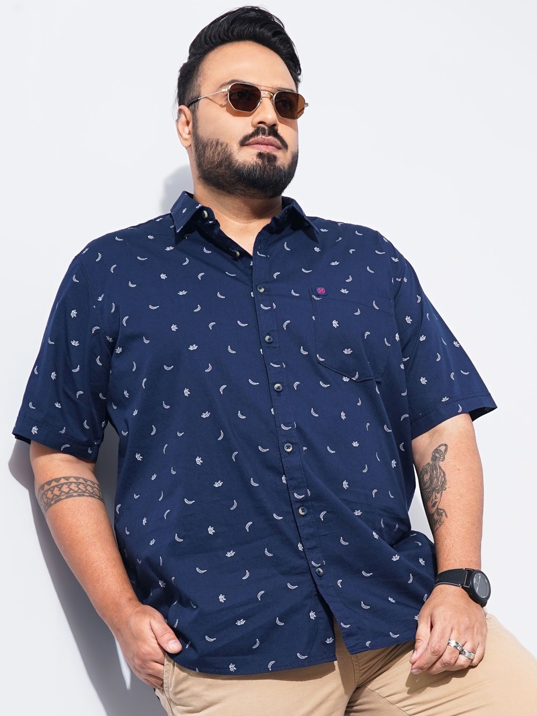 

HARDSODA Men Plus Size Printed Casual Cotton Shirt, Navy blue