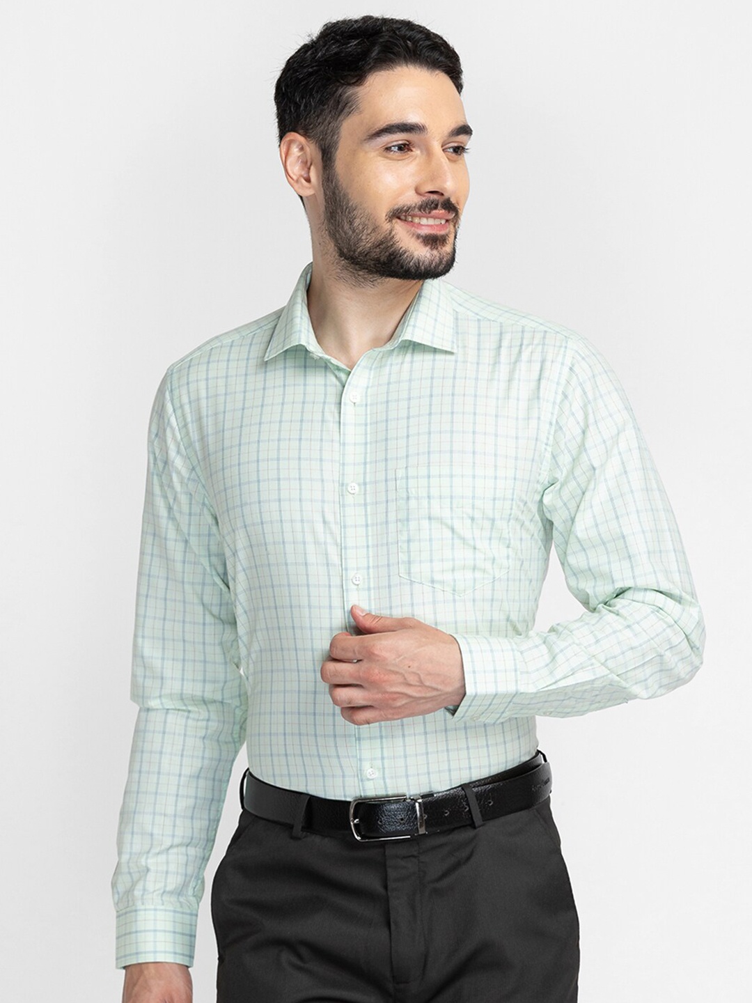 

INSPIRO Classic Slim Fit Grid Tattersall Checked Formal Cotton Shirt, Sea green