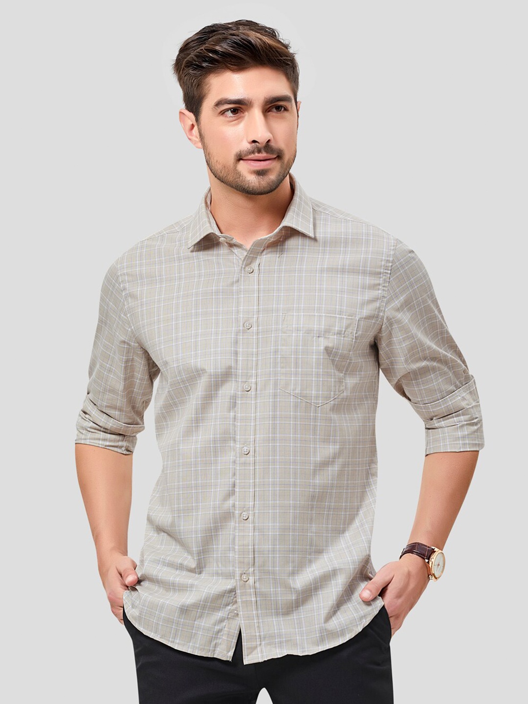 

INSPIRO Classic Slim Fit Grid Tattersall Checked Cotton Casual Shirt, Beige