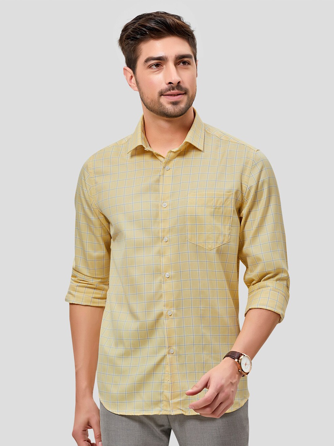 

INSPIRO Men Classic Slim Fit Checked Cotton Casual Shirt, Yellow