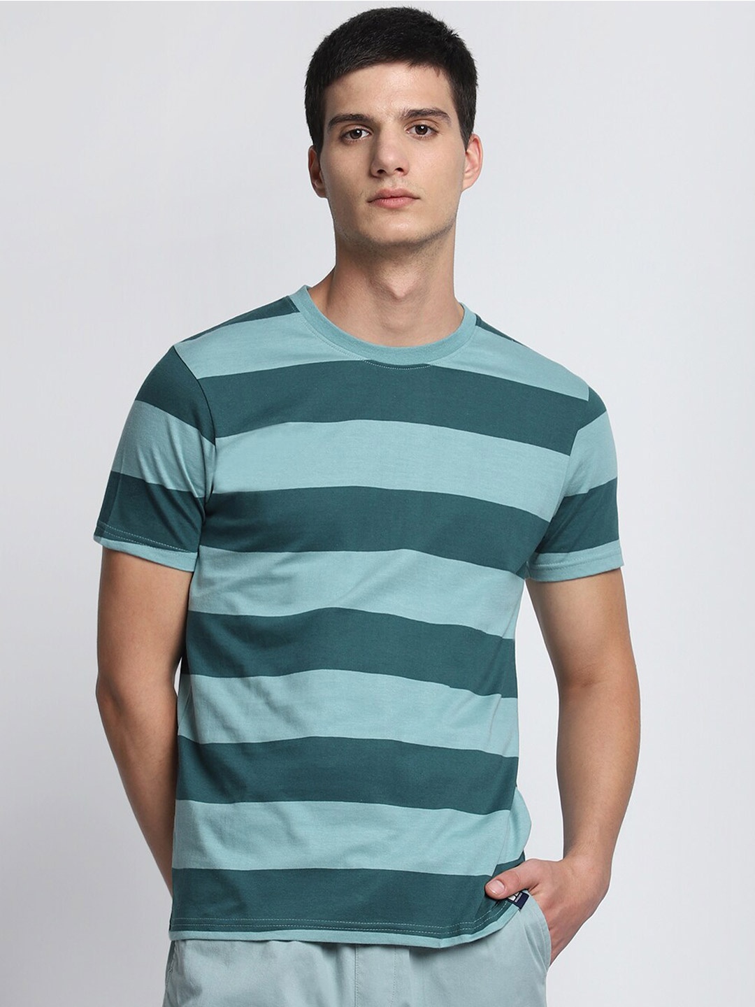 

Dennis Lingo Men Striped Pure Cotton T-shirt, Teal