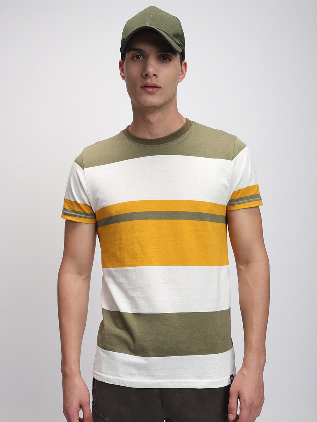 

Dennis Lingo Men Striped Pure Cotton T-shirt, Olive