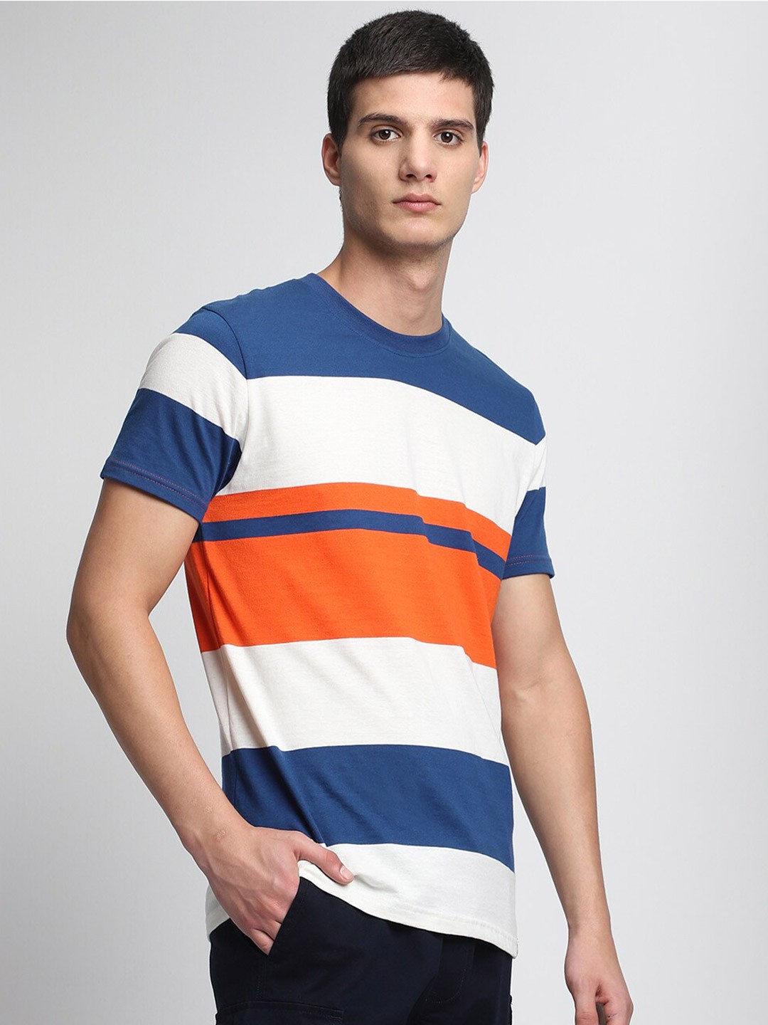 

Dennis Lingo Men Striped Pure Cotton T-shirt, Blue