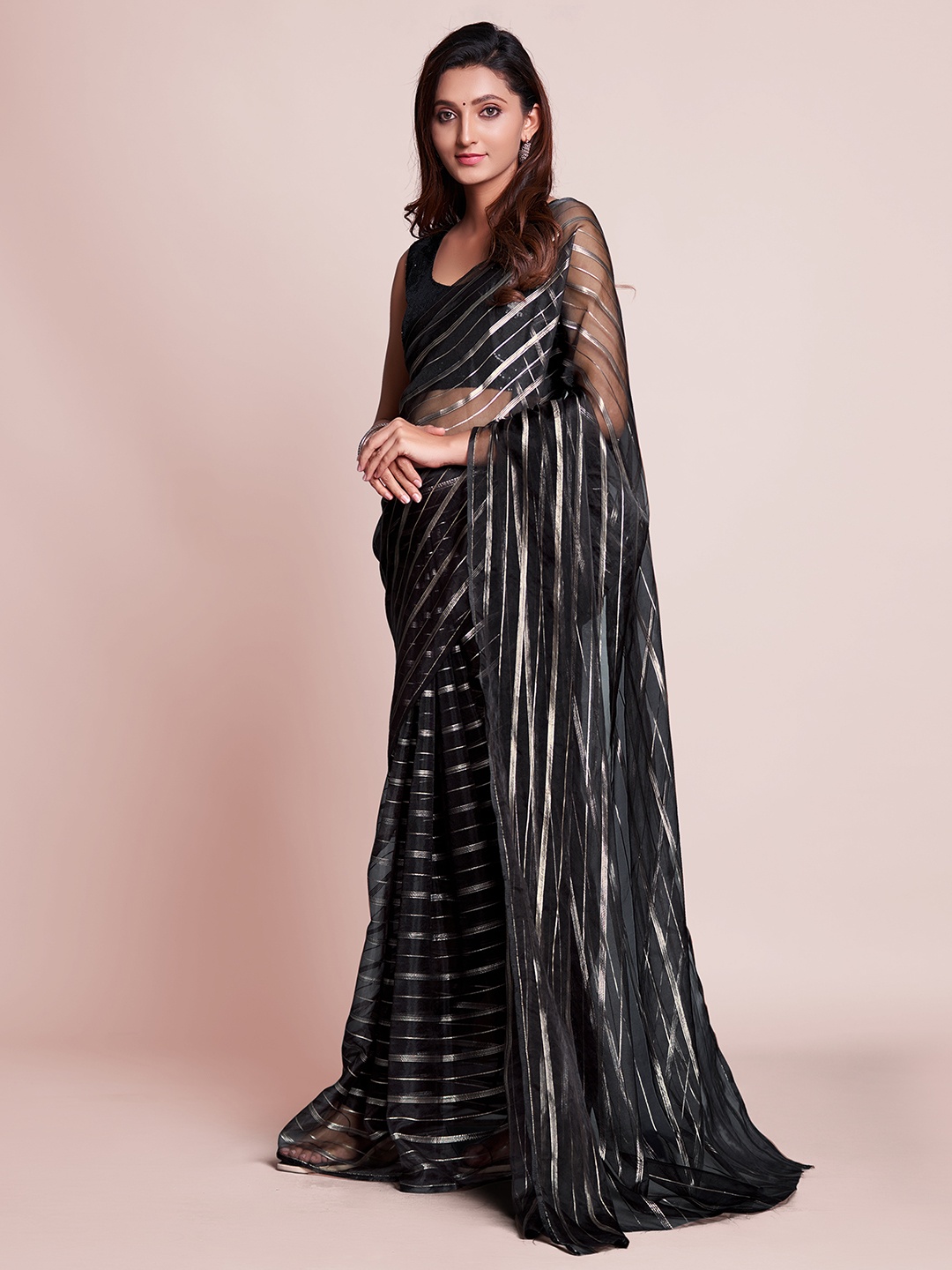 

Mitera Black & Gold-Toned Striped Organza Saree