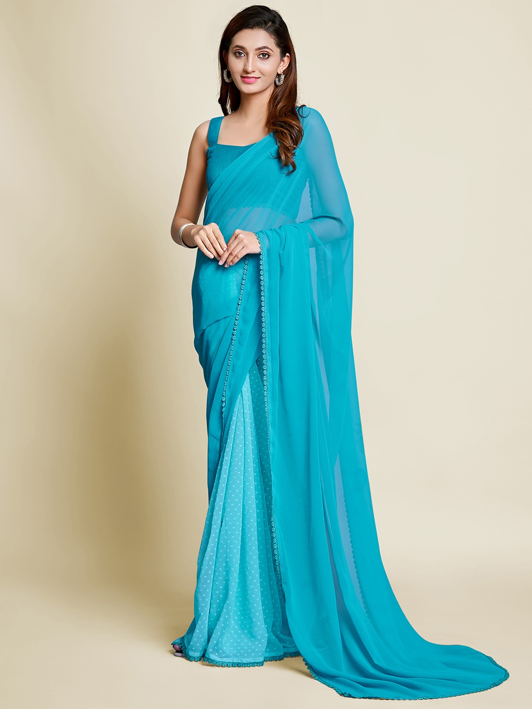 

Mitera Blue Polka Dot Poly Georgette Half and Half Saree