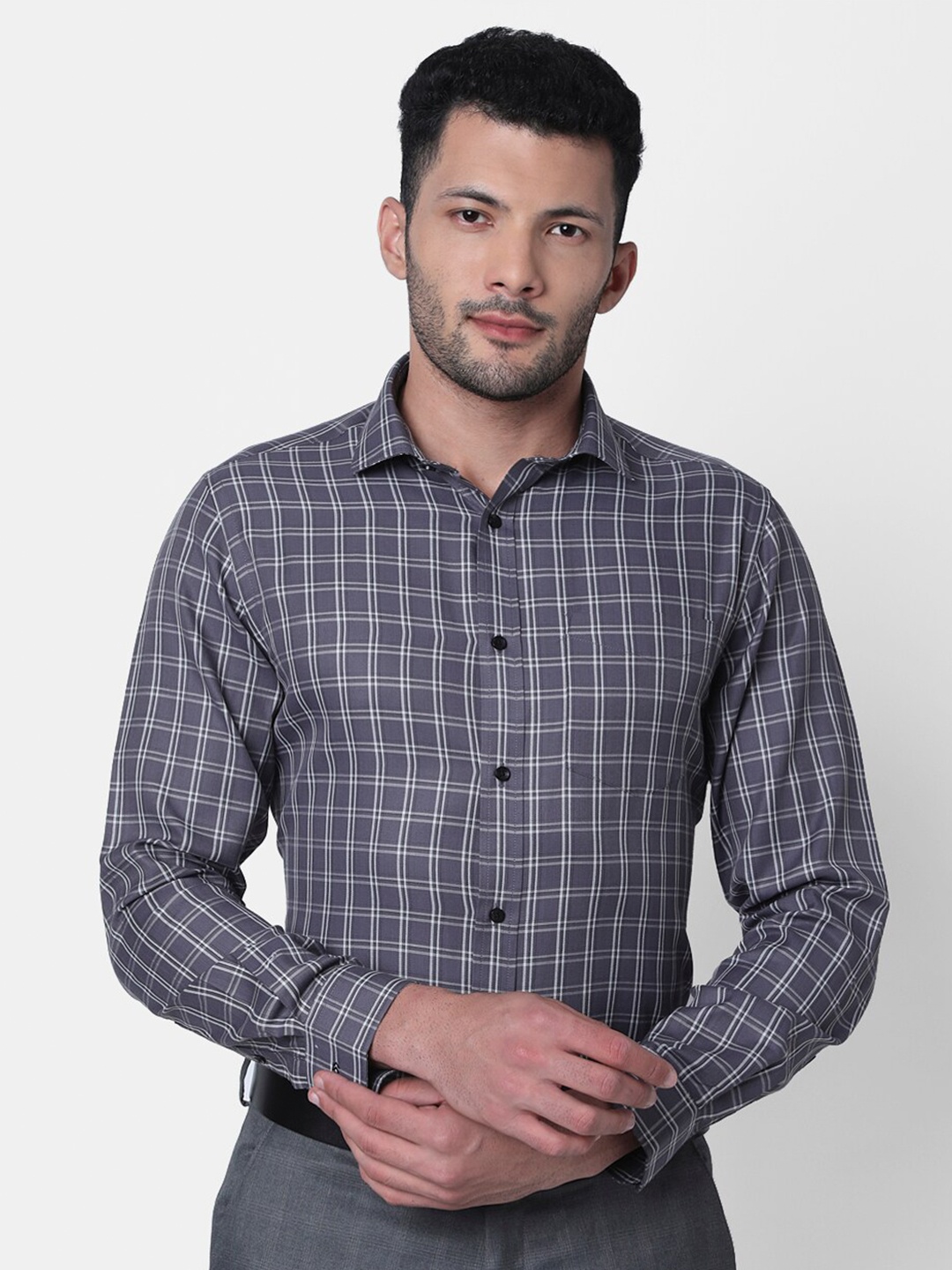 

INSPIRO Classic Slim Fit Grid Tattersall Checked Formal Shirt, Grey
