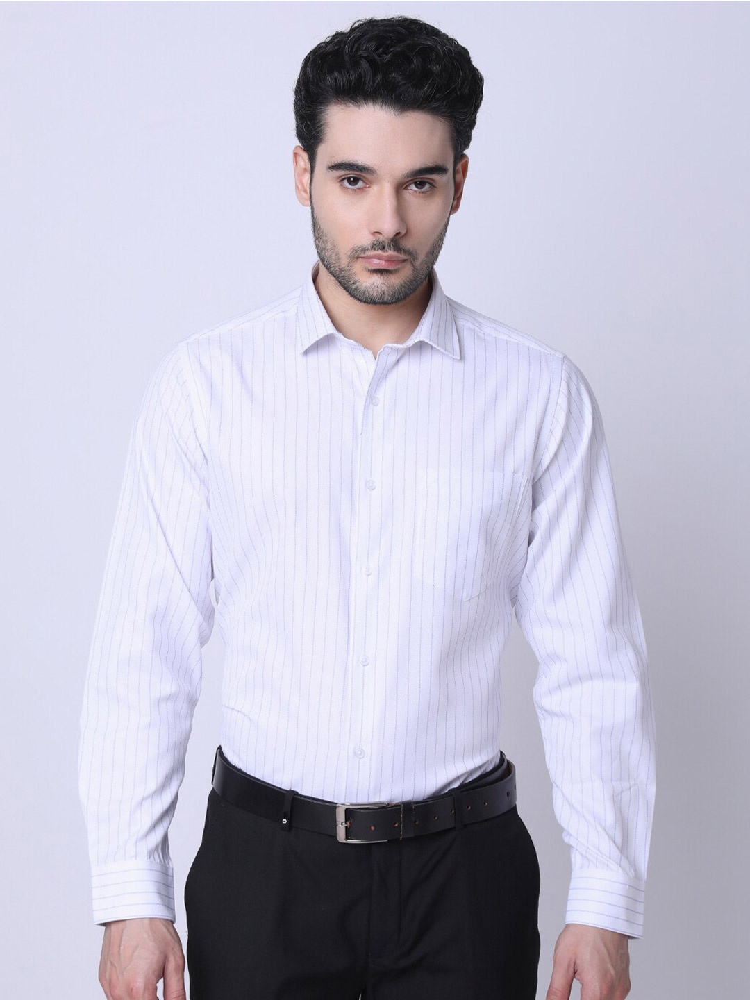 

INSPIRO Classic Slim Fit vertical Stripes Striped Spread Collar Cotton Formal Shirt, White