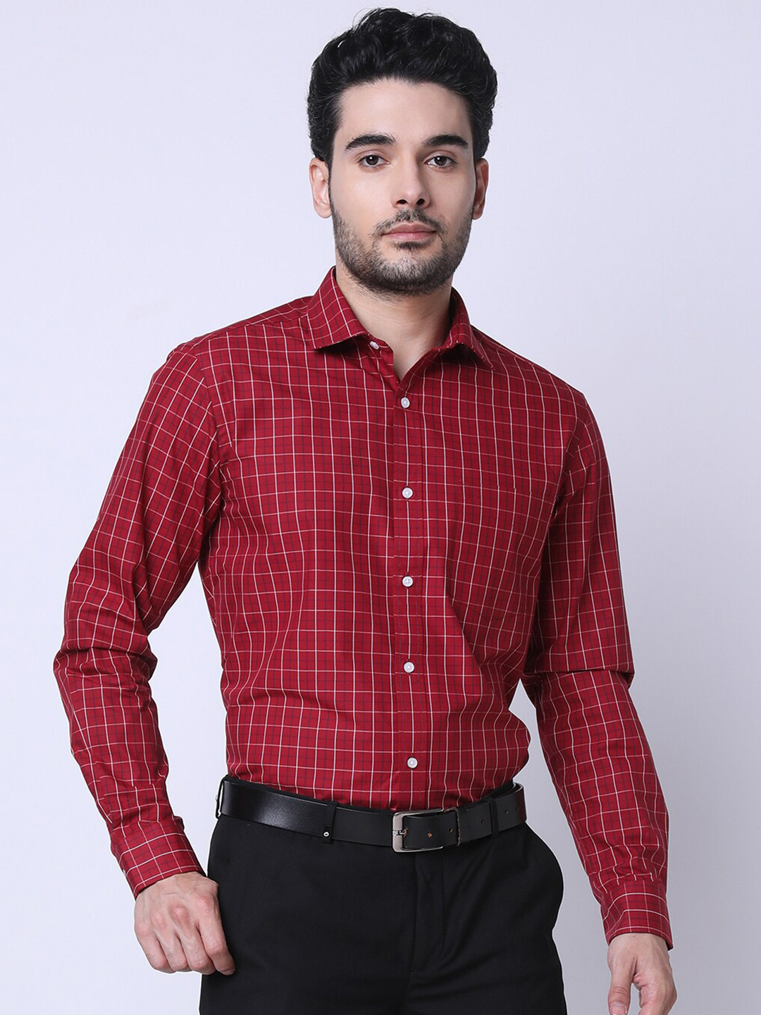 

INSPIRO Classic Slim Fit Checked Spread Collar Formal Shirt, Red