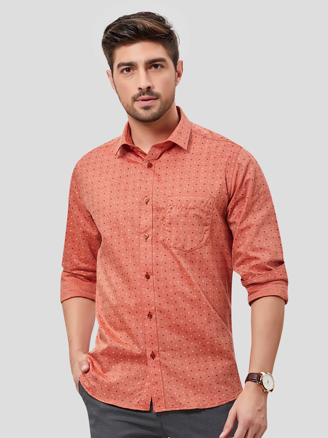 

INSPIRO Classic Slim Fit Micro Ditsy Printed Spread Collar Casual Shirt, Coral