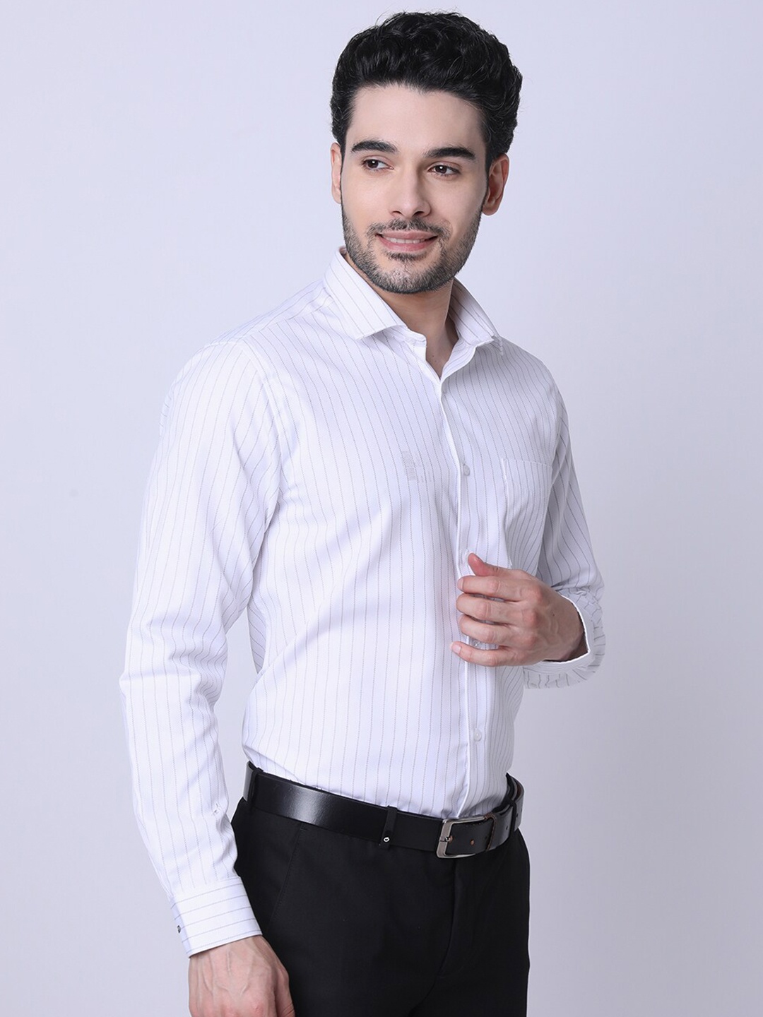 

INSPIRO Classic Slim Fit Striped Spread Collar Formal Shirt, White