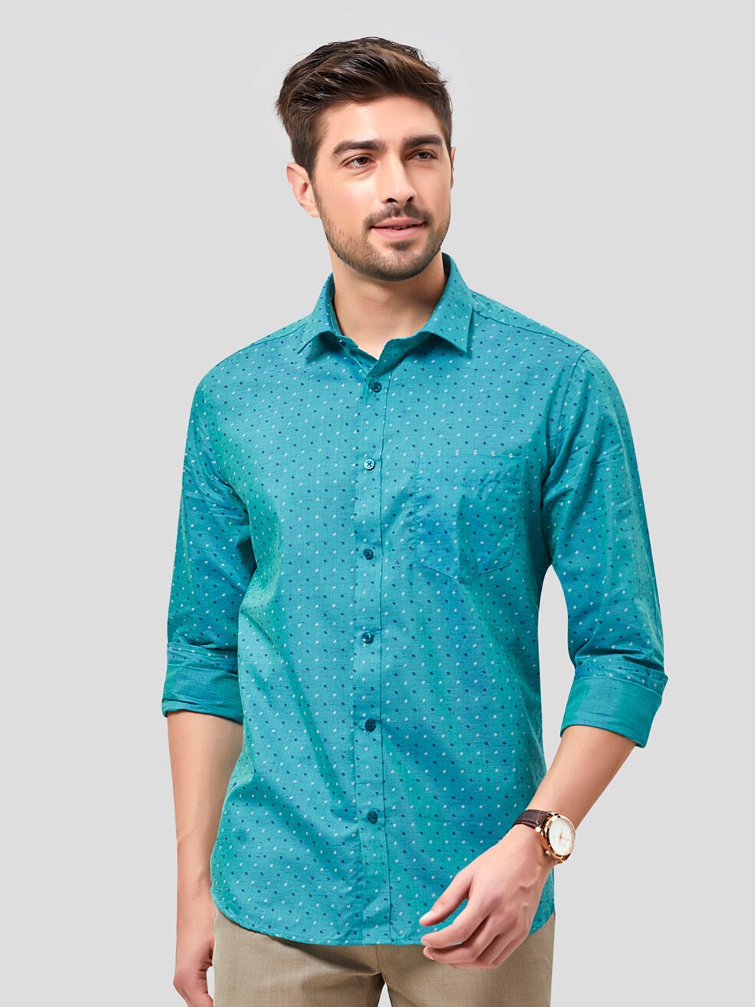 

INSPIRO Classic Slim Fit Micro Ditsy Printed Spread Collar Cotton Casual Shirt, Teal