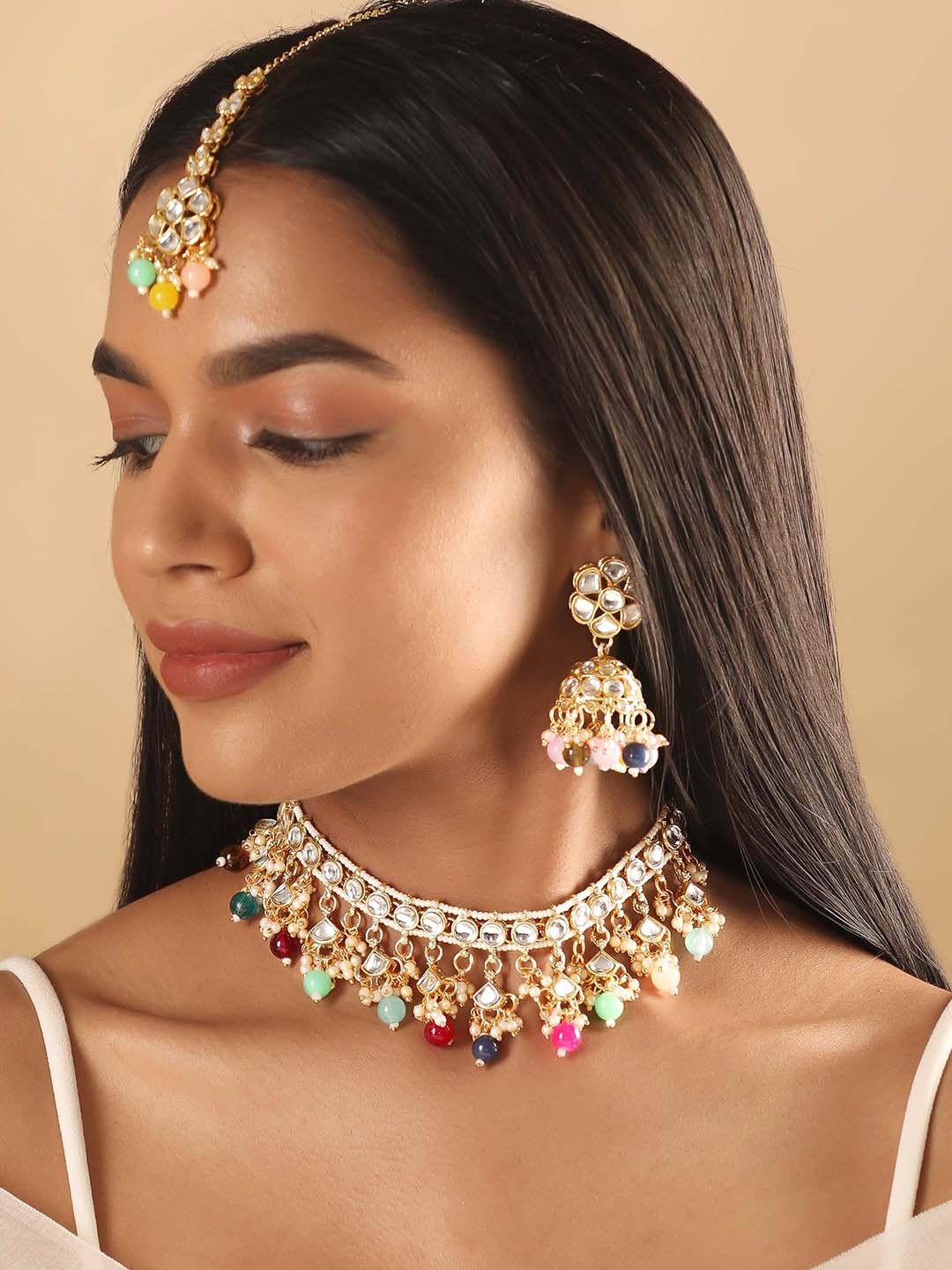 

Rubans 24K Gold-Plated Kundan Studded & Beaded Jewellery Set With Maang Tikka