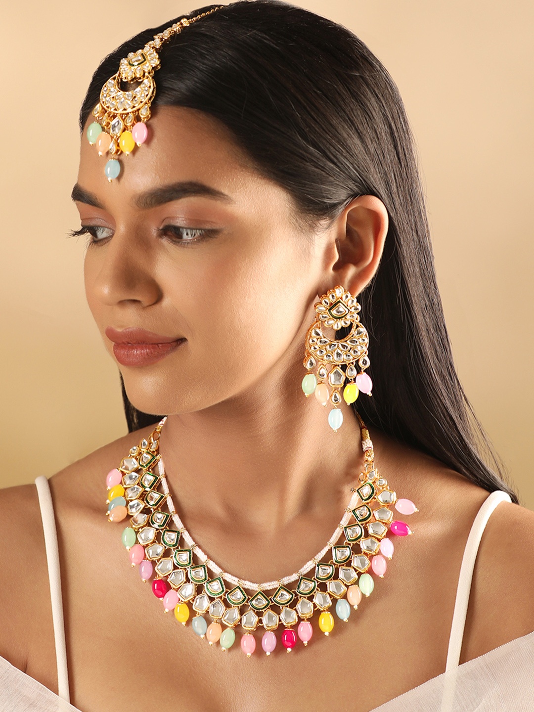 

Rubans 24KT Gold-Plated Polki Studded Beaded Necklace & Earrings With Maang Tikka