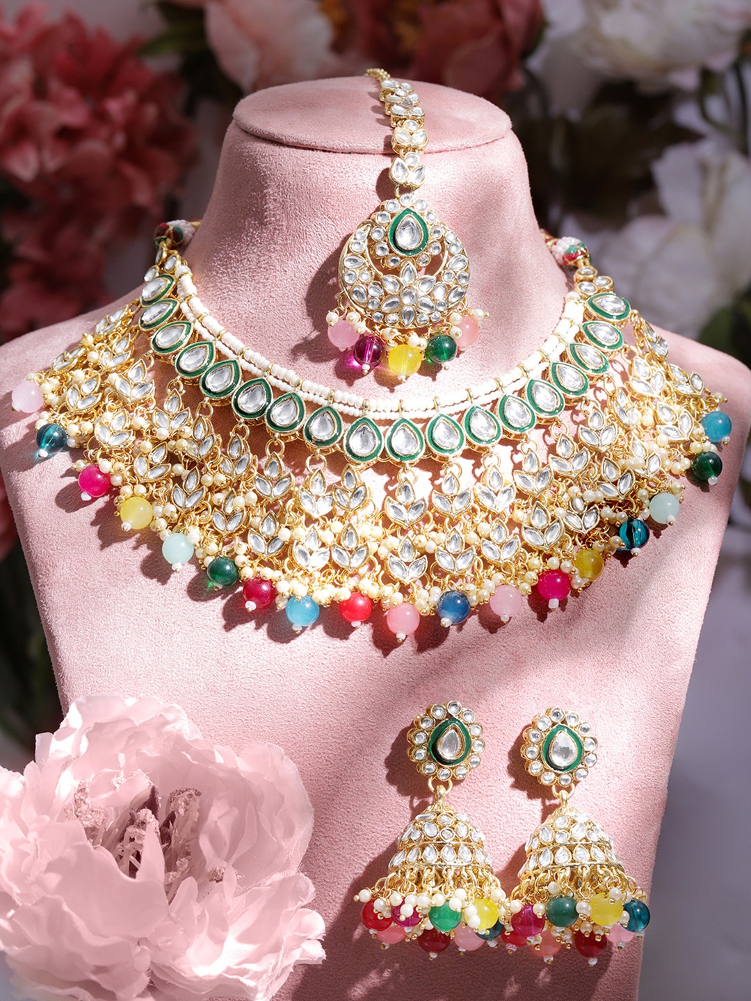 

Rubans 24K Gold Plated Kundan Studded Multicolour Beaded Jewellery Set
