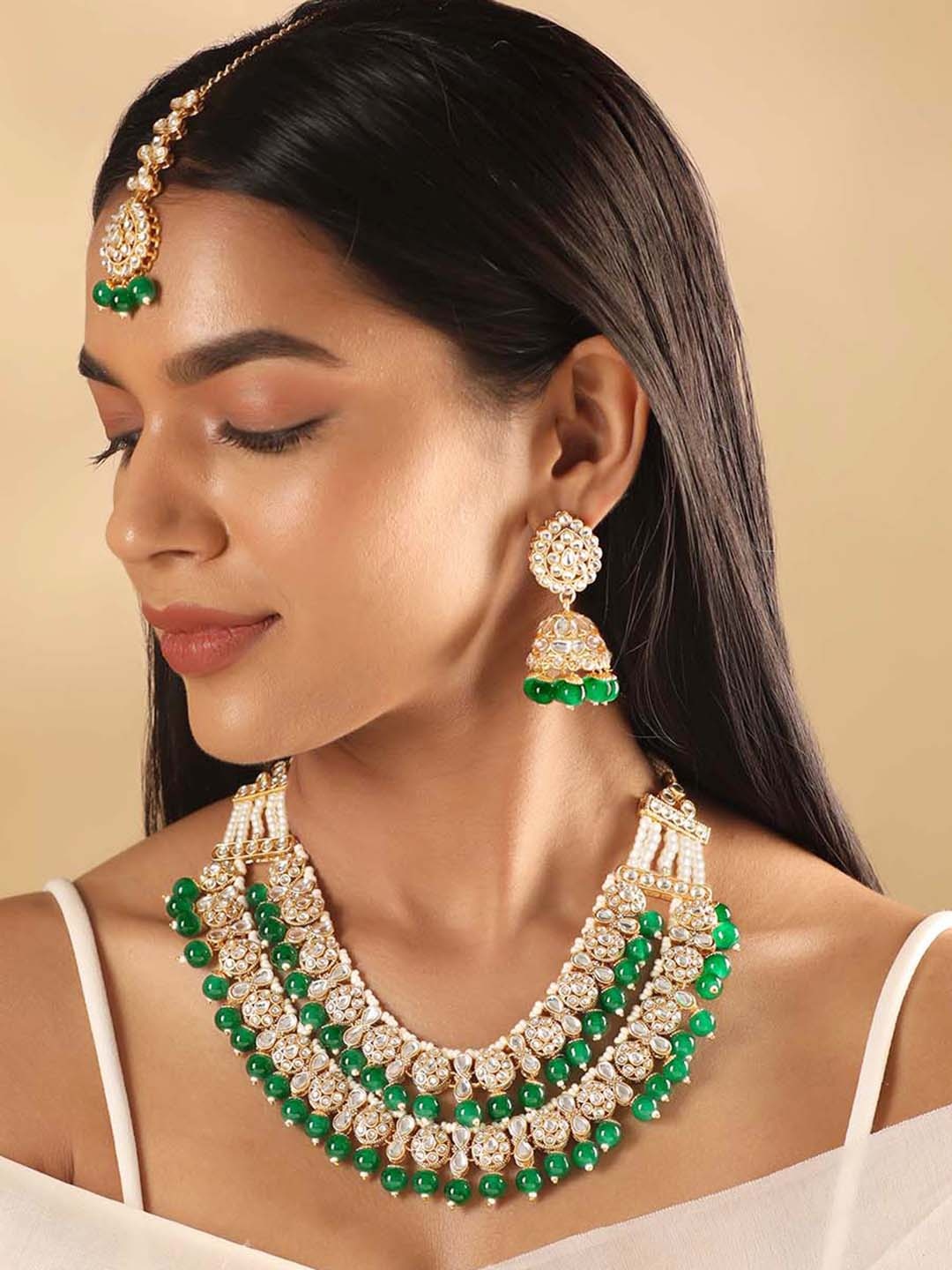 

Rubans 24KT Gold-Plated Kundan Studded & Beaded Necklace & Earrings With Maang Tikka
