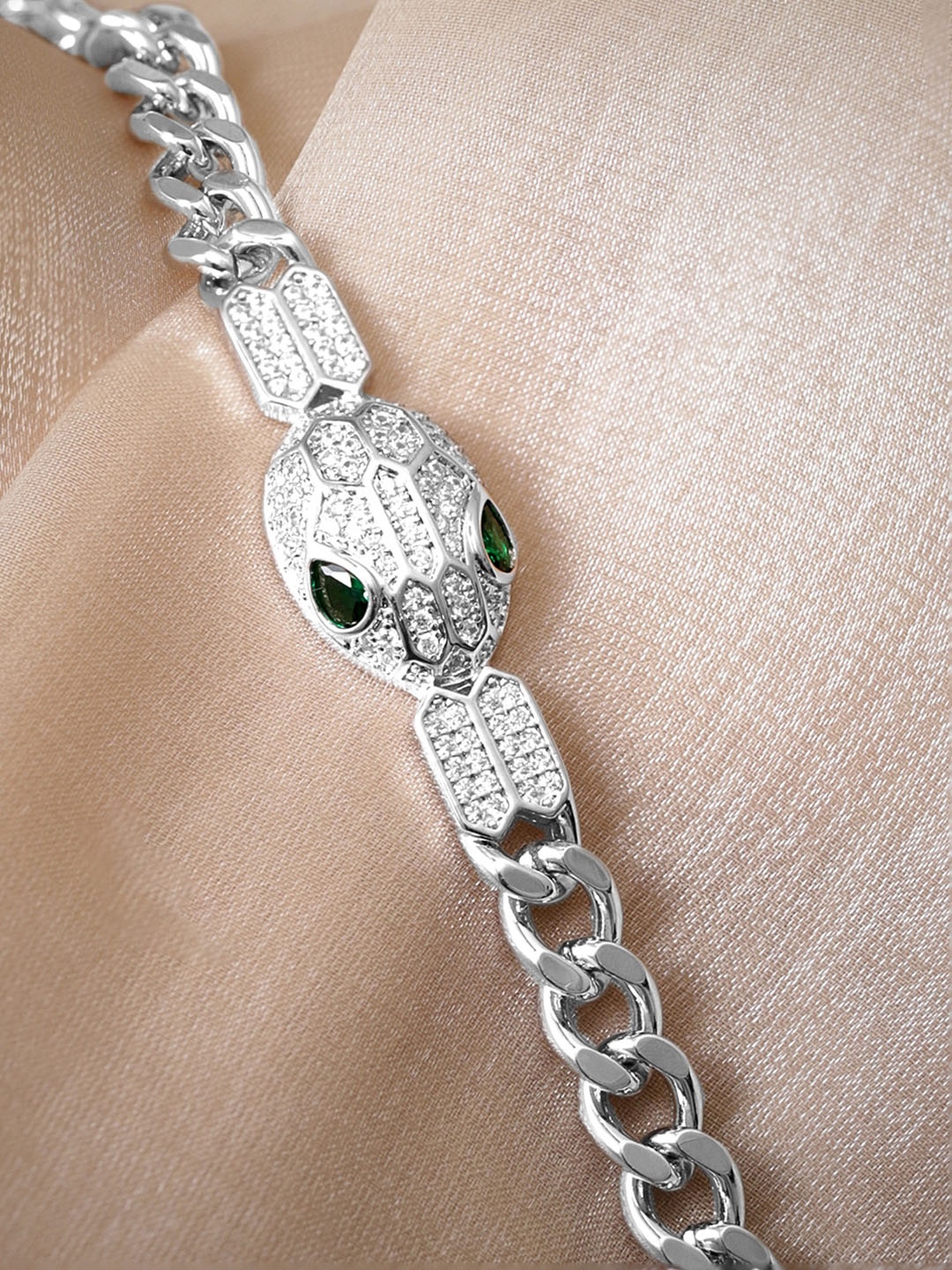 

Rubans Rhodium-Plated Crystal Emerald & Zicronia Studded Serphant Link Bracelet, Silver