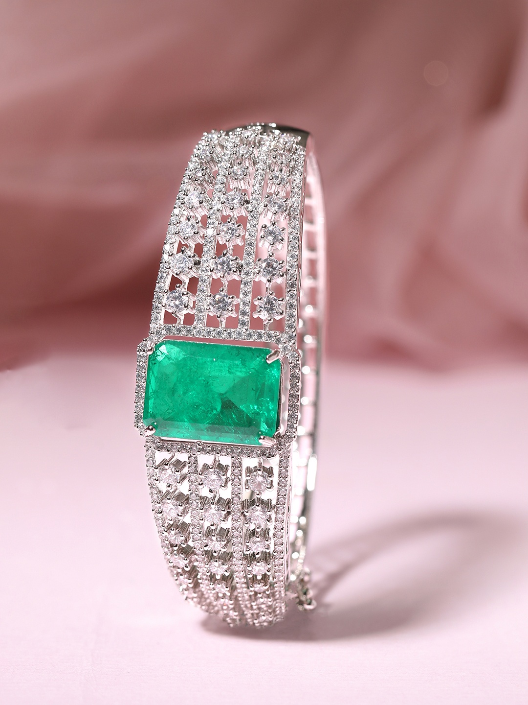 

Rubans Rhodium-Plated Emerald & Cubic Zirconia Studded Premium Bangle-Style Bracelet, Silver
