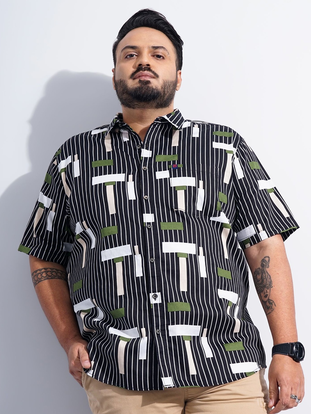 

Hardsoda by The Indian Garage Co Plus Size Opaque Striped Casual Shirt, Black