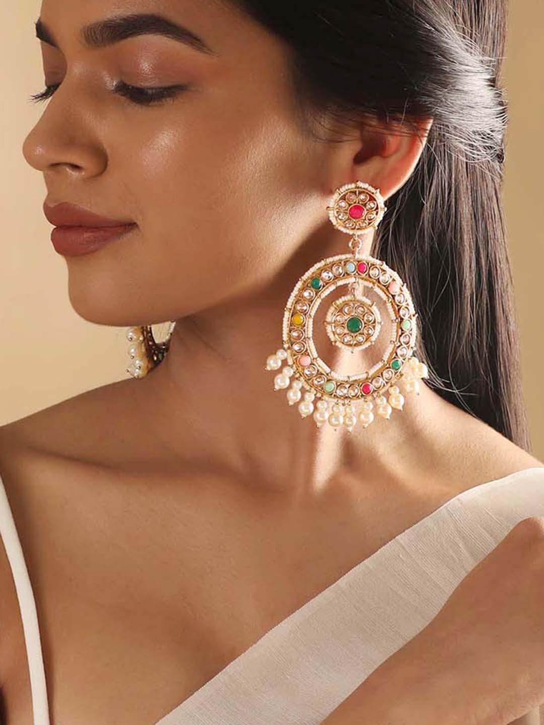 

Rubans 24K Gold Plated Multicolor AD Studded Pearl Beaded Handcrafted Long Chandballis