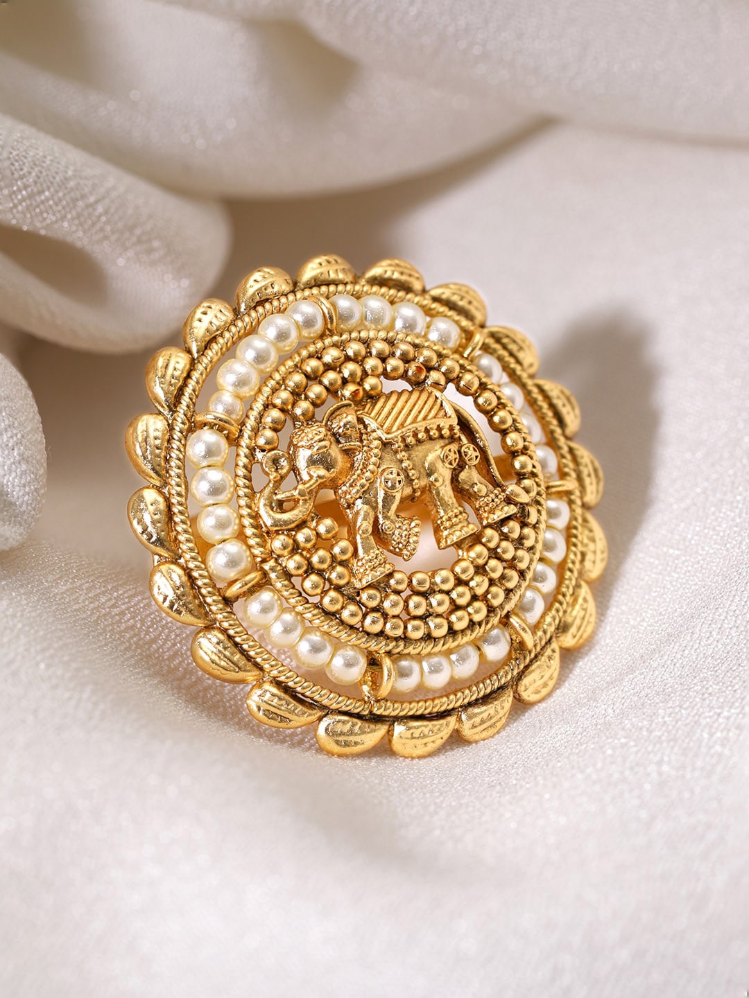 

Rubans 22K Gold-Plated Beaded Elephant Charm Adjustable Finger Ring