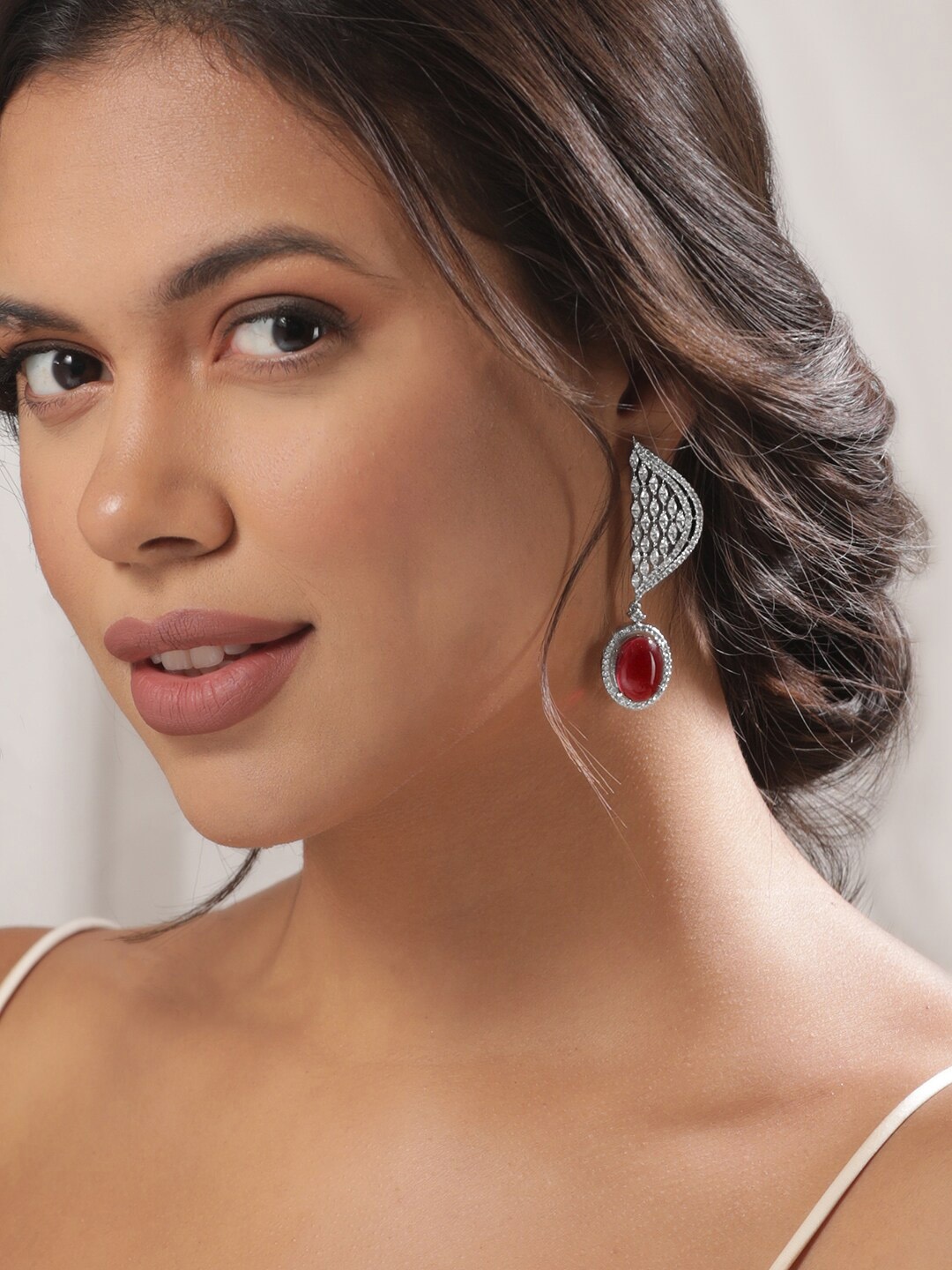 

Rubans Silver-Plated Ruby & Cubic Zircon Studded Premium Drop Earrings